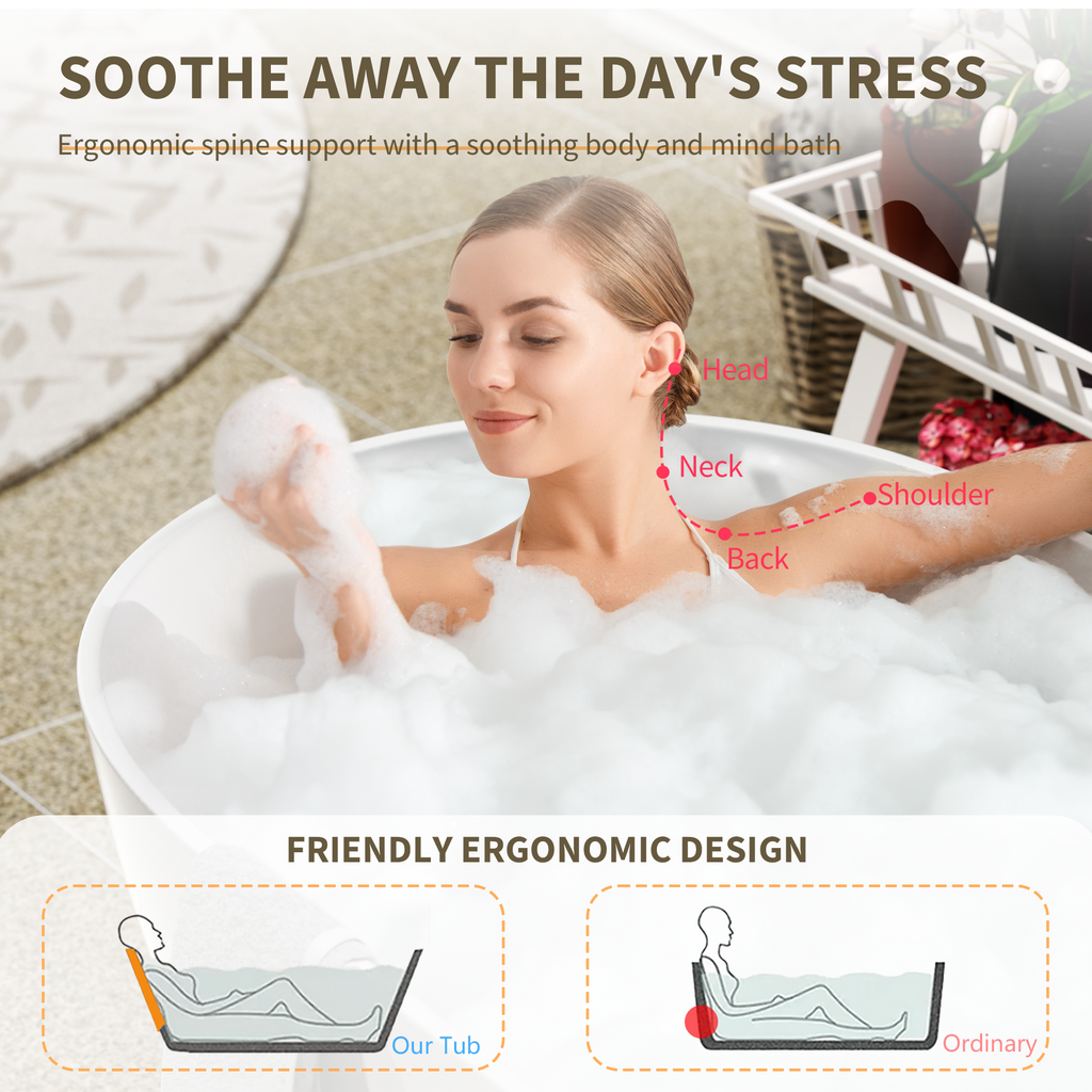 59" Freestanding Solid Surface Bathtub, Glossy White Man-Made Stone Resin Soaking Tub, Overflow & Drain