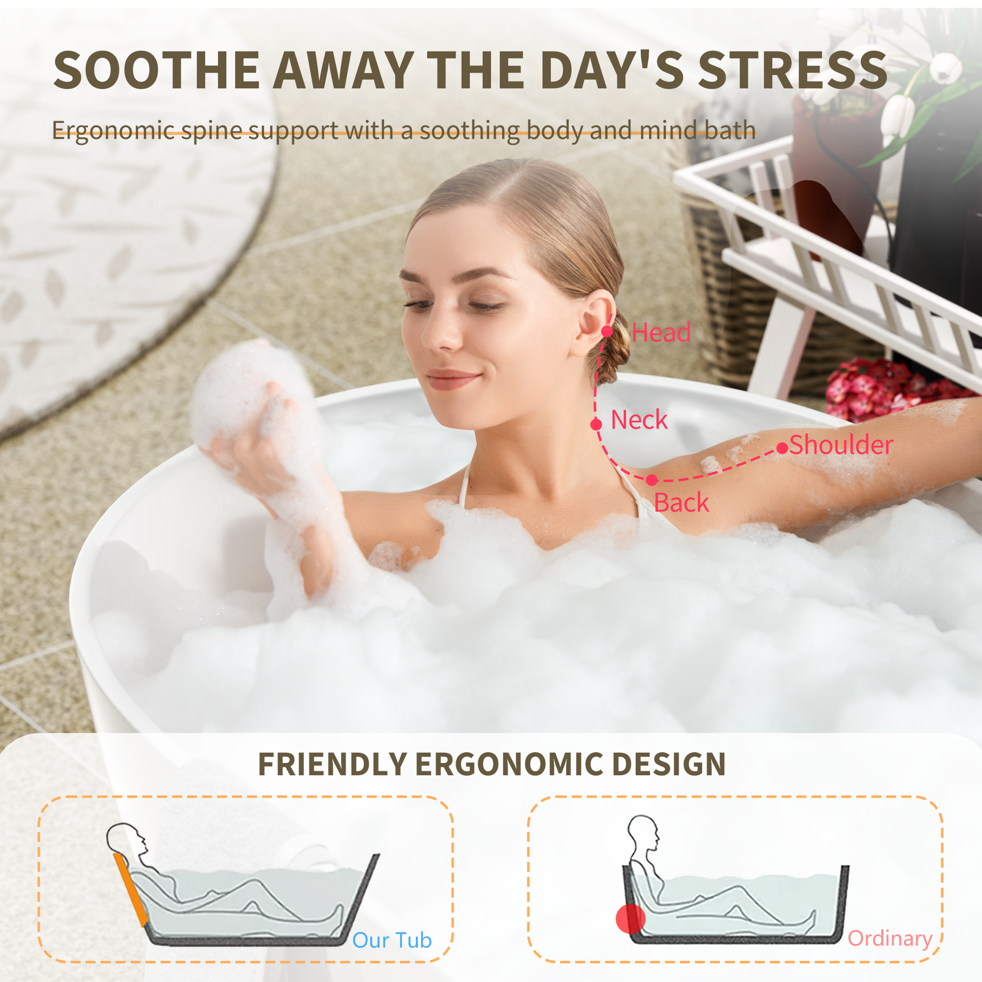 59" Freestanding Solid Surface Bathtub, Glossy White Man-Made Stone Resin Soaking Tub, Overflow & Drain