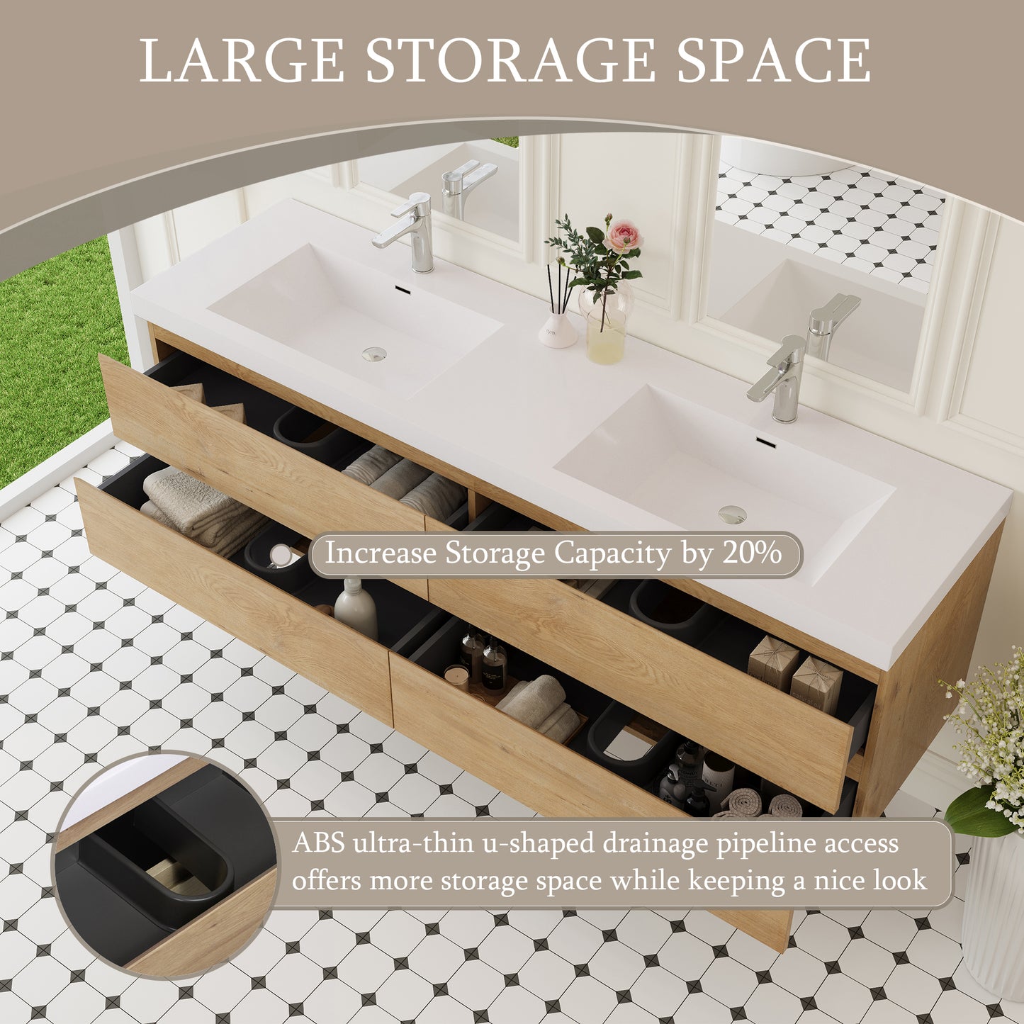 72" Angela - Floating Bathroom Vanity Double Sink Natural Oak