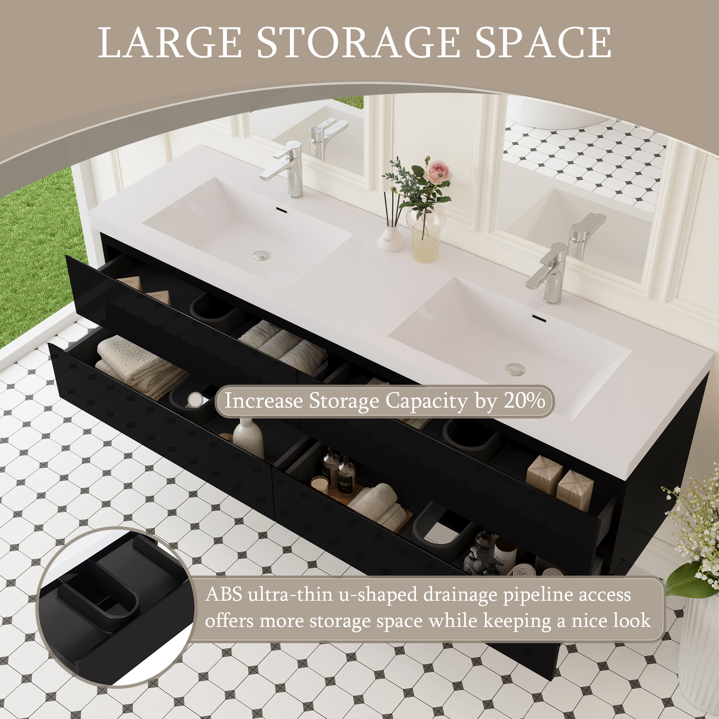 72" Angela - Floating Bathroom Vanity Double Sink Glossy Black