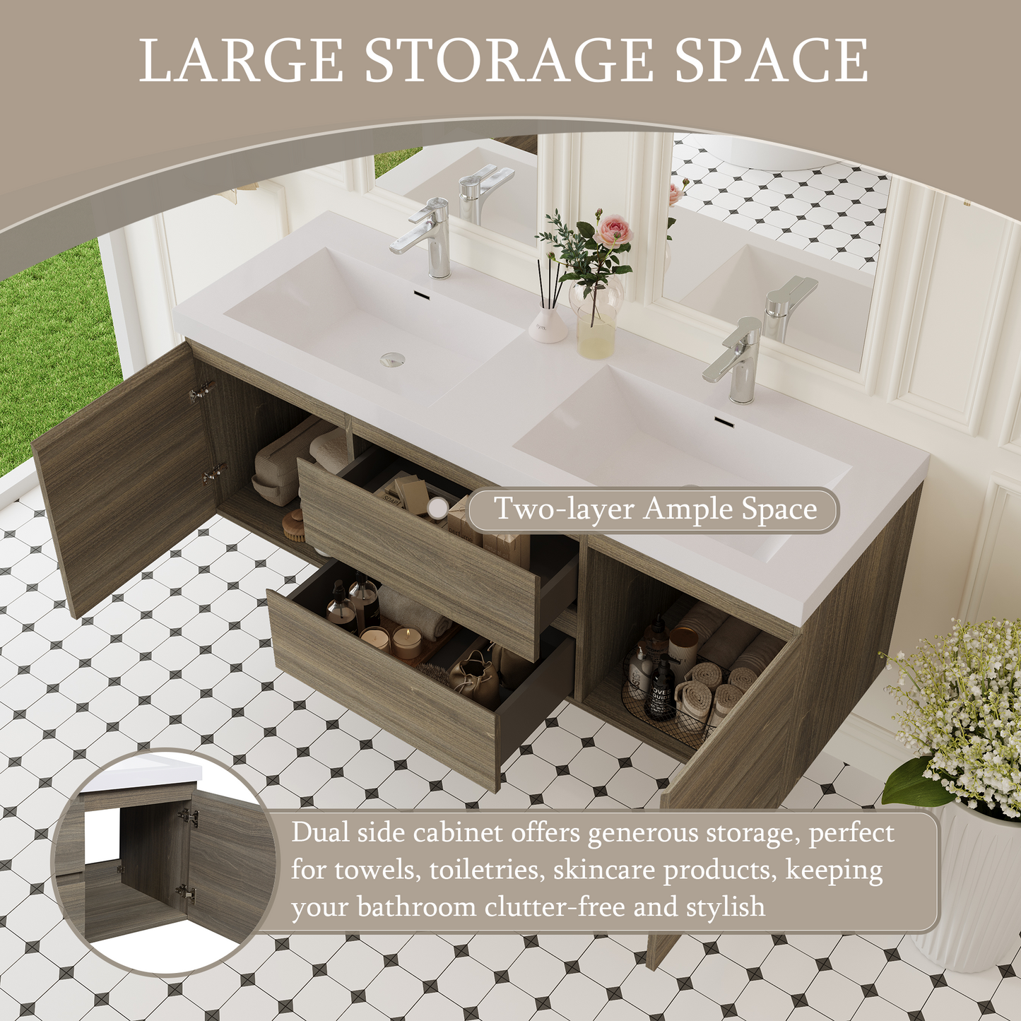 60" Angela - Floating Bathroom Vanity Double Sink Ash Grey