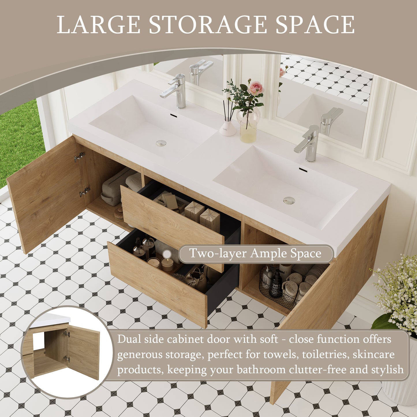 60" Angela - Floating Bathroom Vanity Double Sink Natural Oak