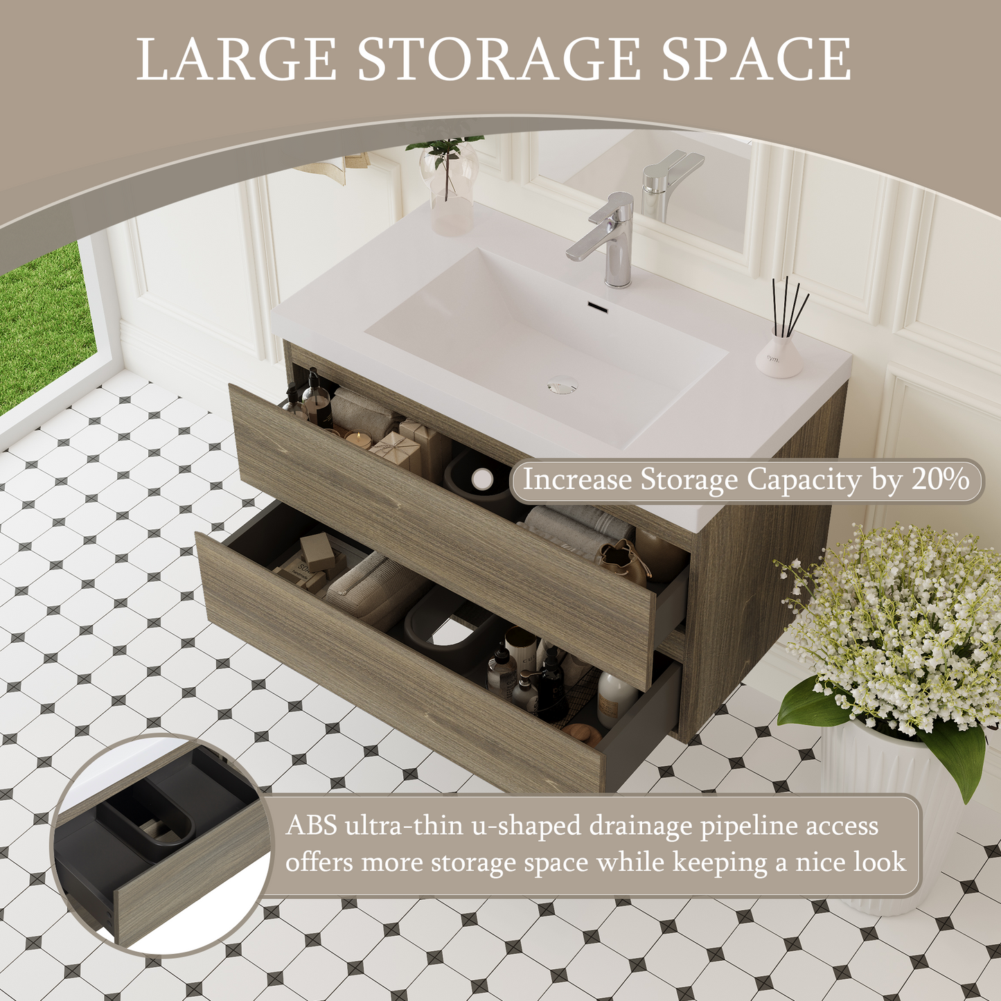 36" Angela - Floating Bathroom Vanity Ash Grey
