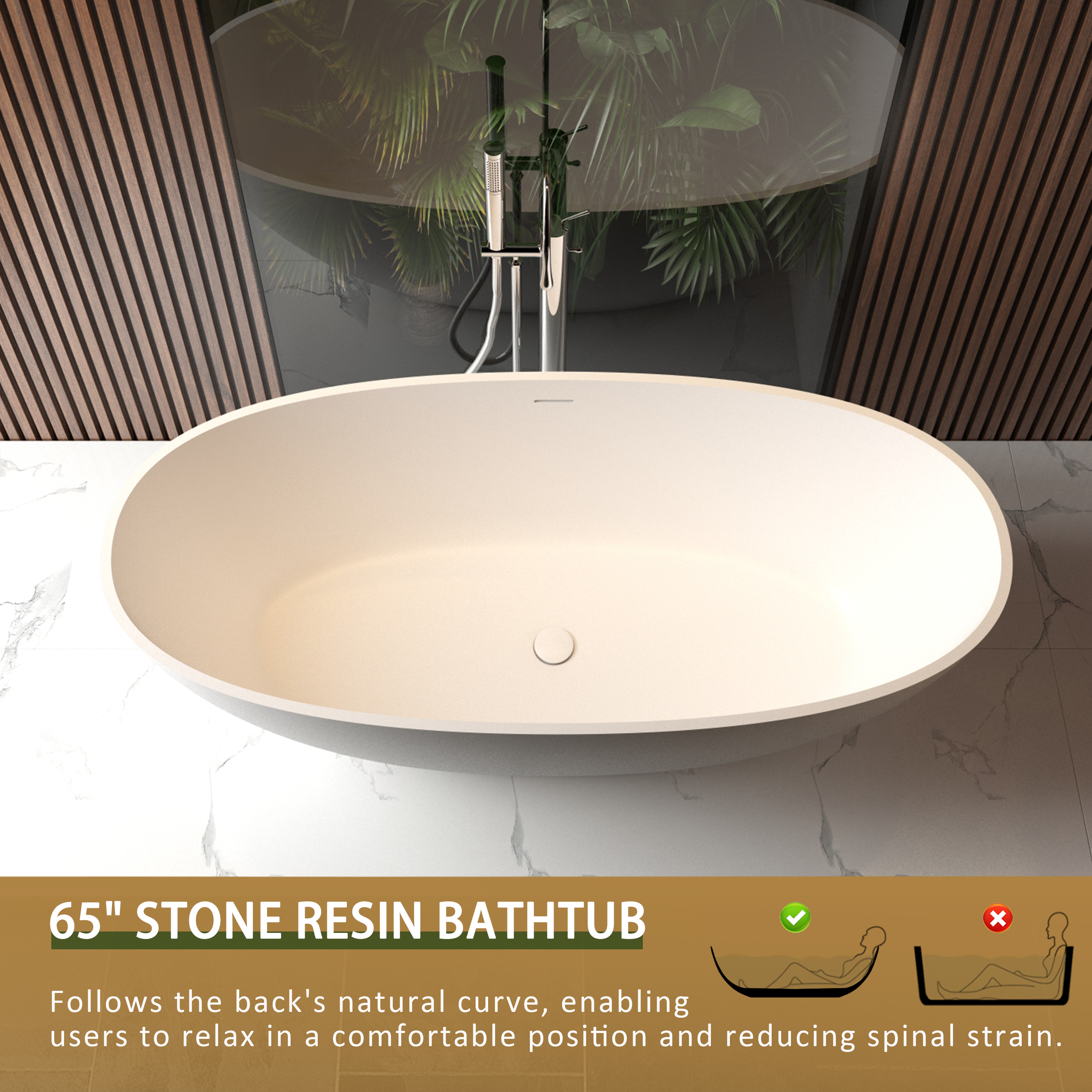 65" Freestanding Solid Surface Bathtub, Luxury Stone Resin Soaking Tub, Overflow & Drain, Matte White