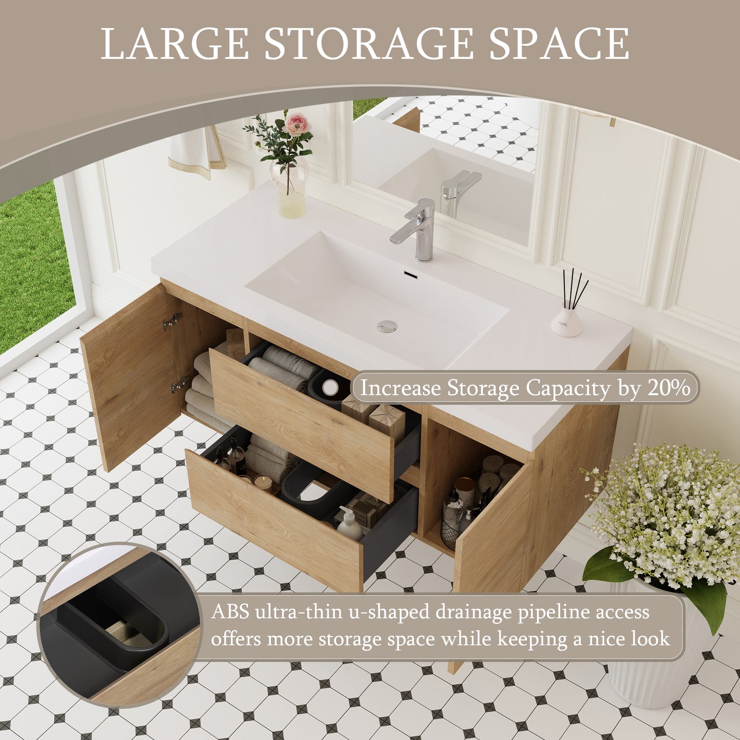 48" Angela - Floating Bathroom Vanity Natural Oak