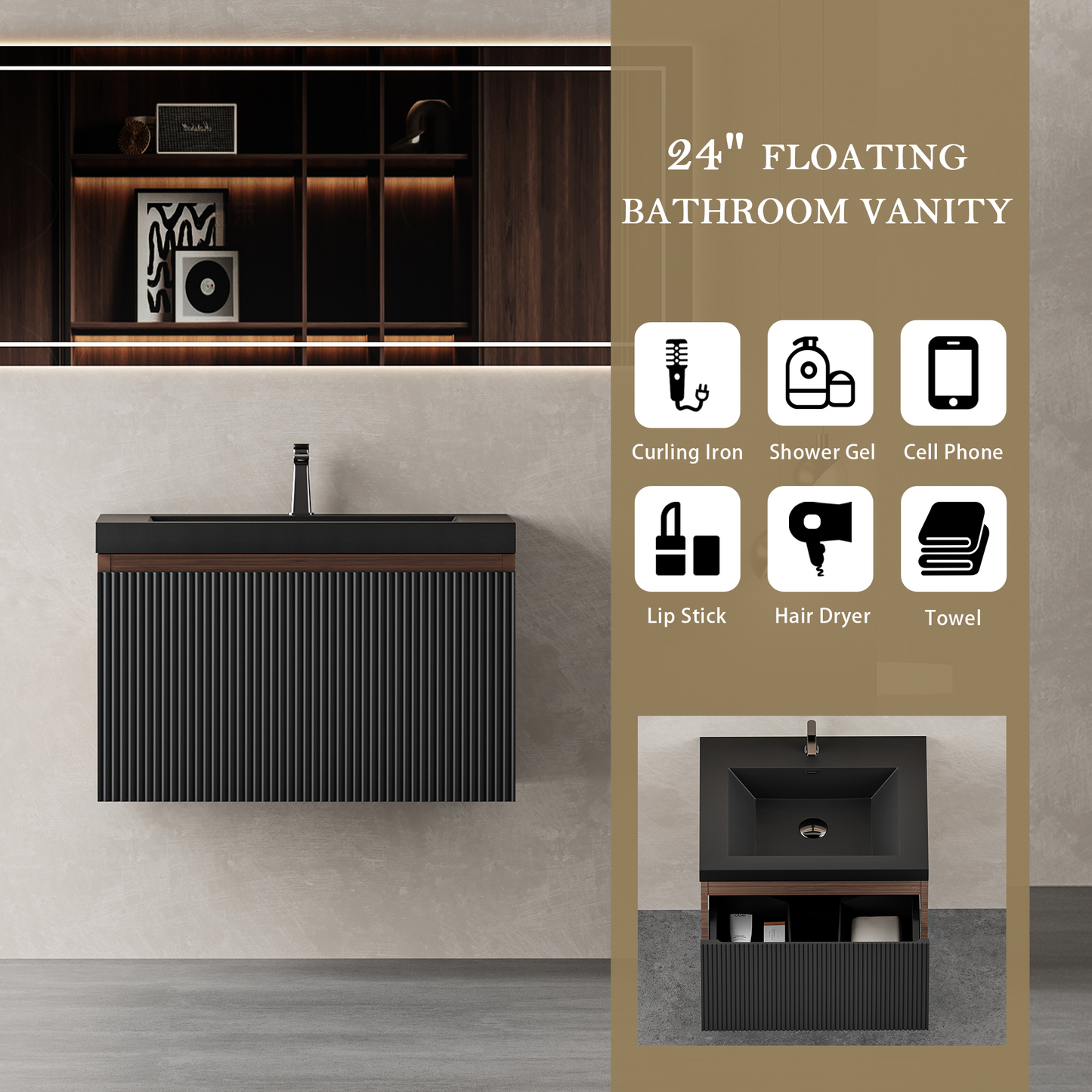 24" Liner - Floating Bathroom Vanity Smoked Walnut & lnk Black