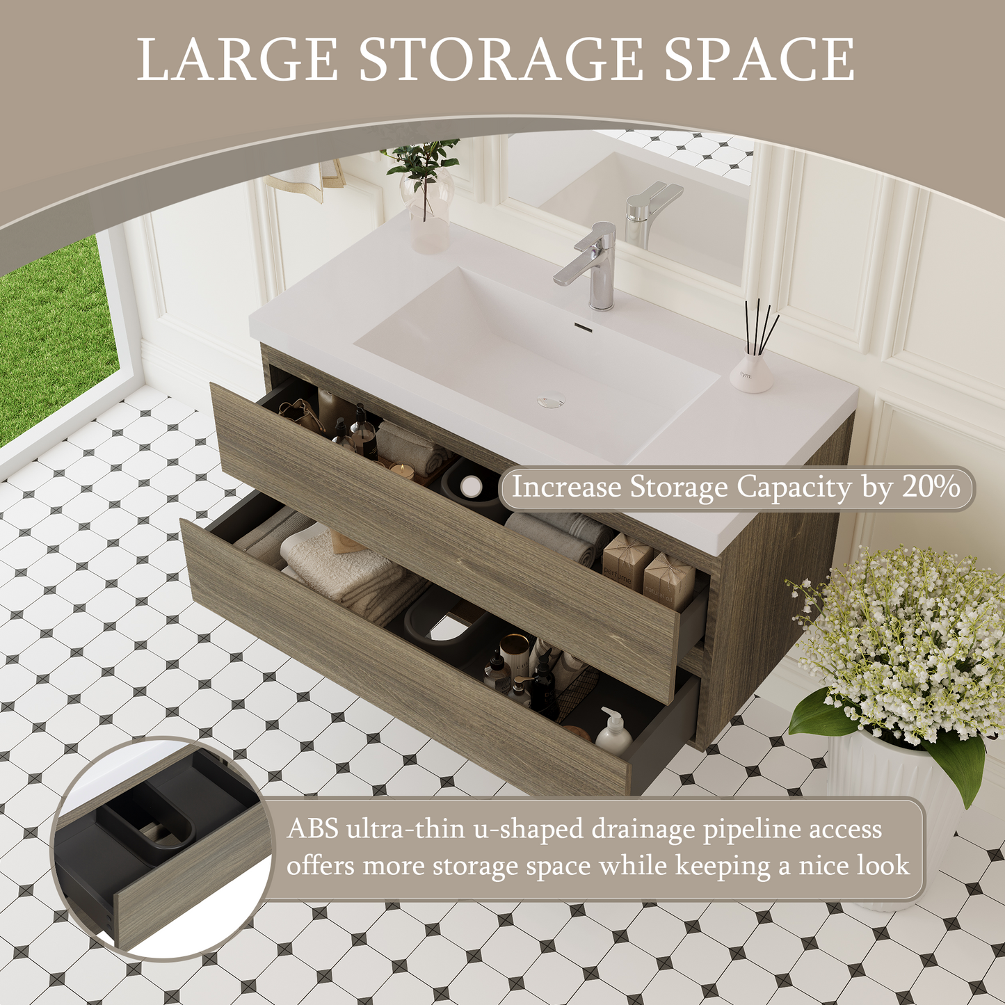 42" Angela - Floating Bathroom Vanity Ash Grey