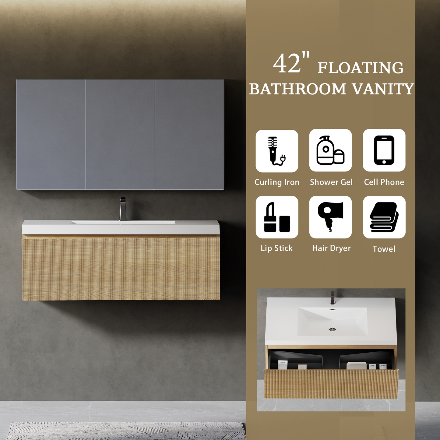 42" Liner - Floating Bathroom Vanity Natural Oak