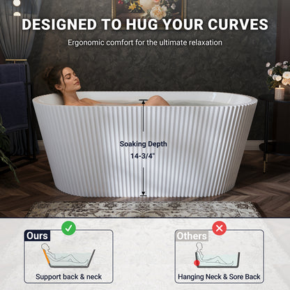 60" Fluted Acrylic Freestanding Soaking Bathtub, Glossy White A13