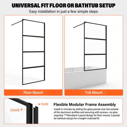 36" W × 76" H Framed Fixed Shower Screen 5/16" (8mm) Tempered Glass, Matte Black D07-36