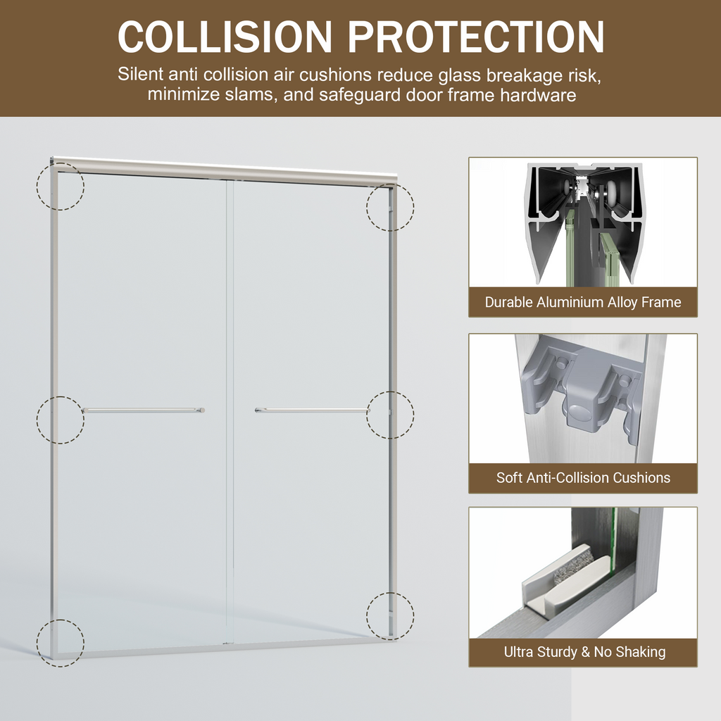 56–60 in. W x 72 in. H Semi-Frameless Double Sliding Shower Door, 1/4" Tempered Glass, Chrome