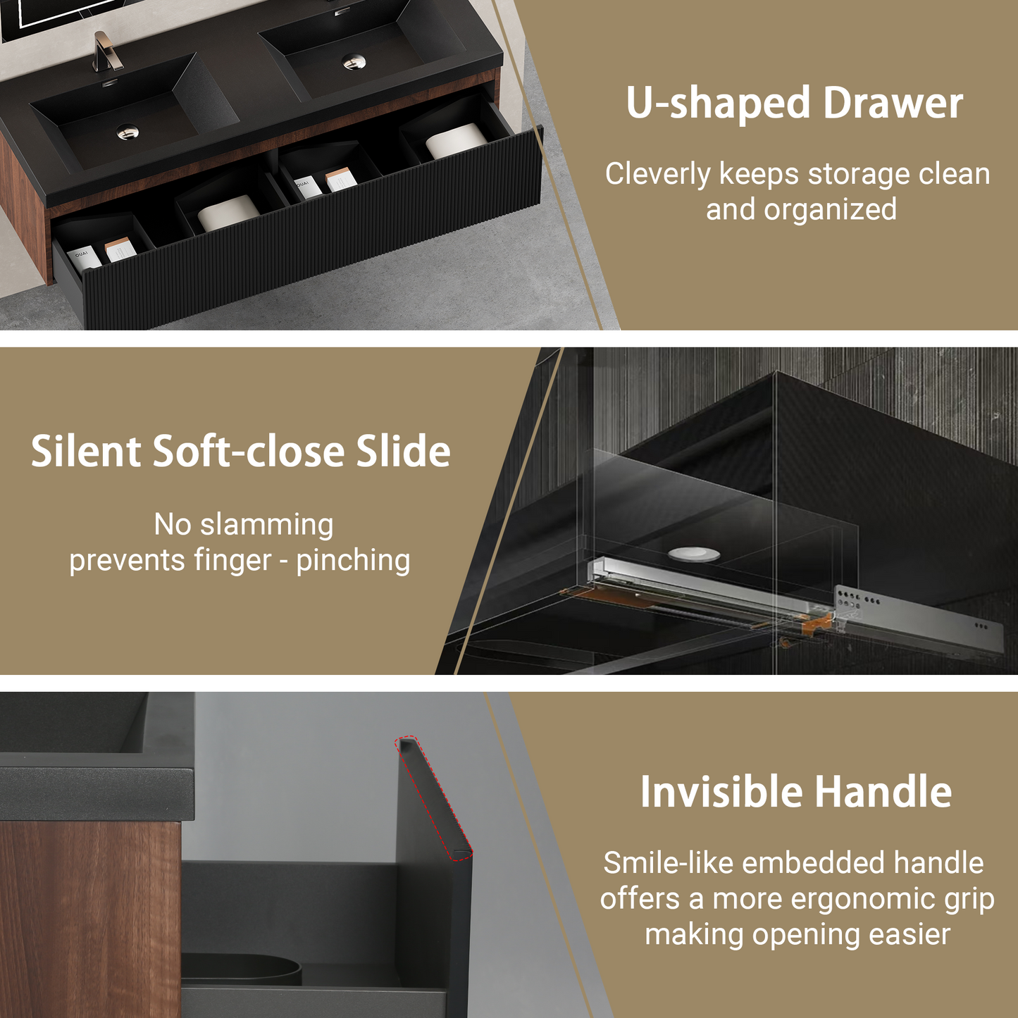 60" Liner - Floating Bathroom Vanity Integrated Double Basin Smoked Walnut & lnk Black