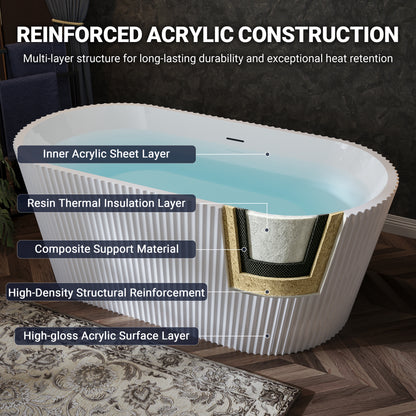 67" Fluted Acrylic Freestanding Soaking Bathtub, Glossy White A13