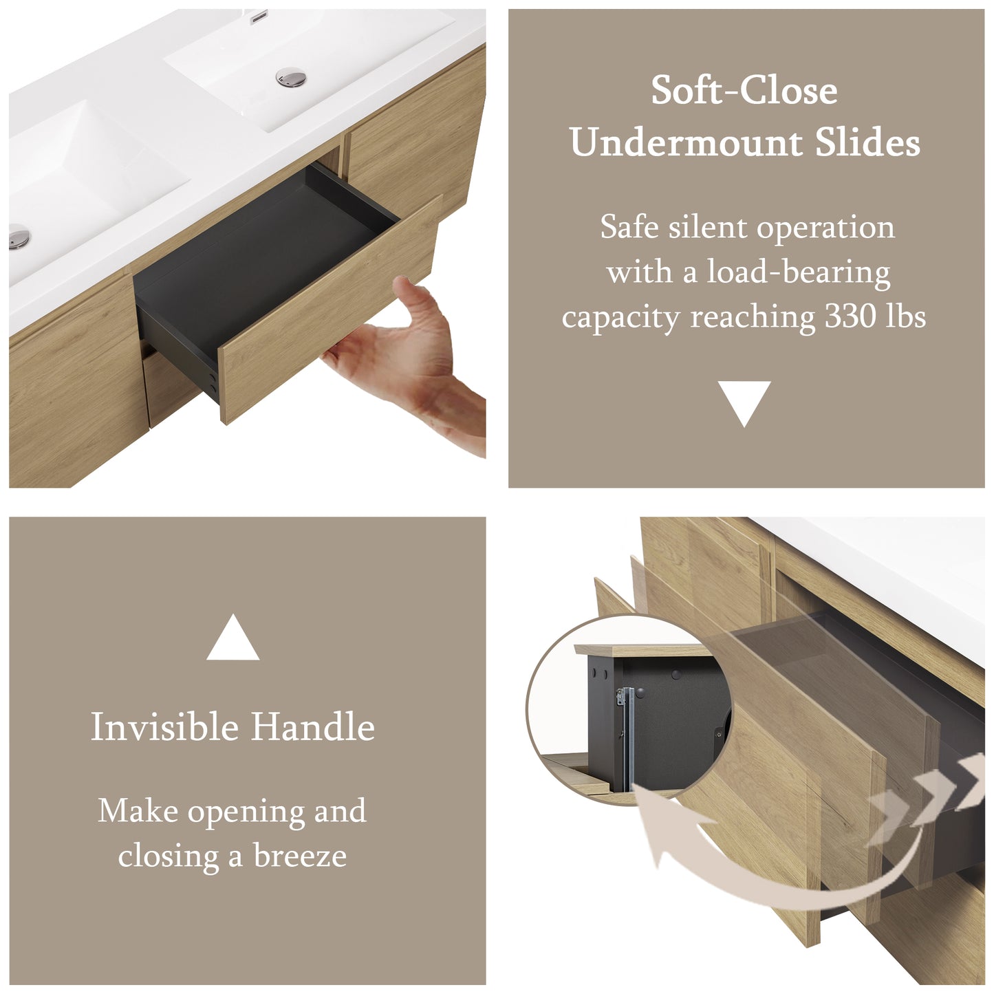60" Angela - Floating Bathroom Vanity Double Sink Natural Oak