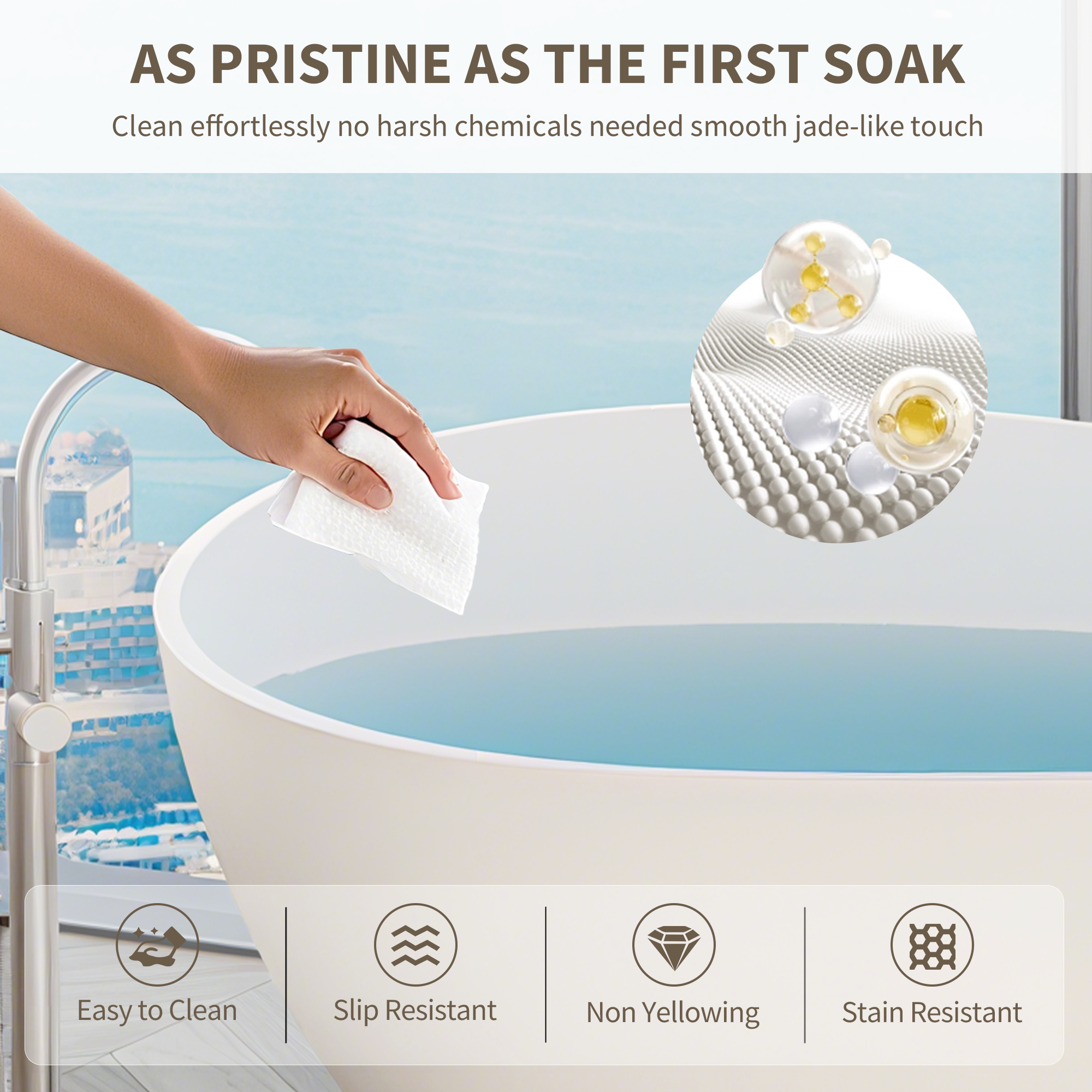 63" Freestanding Solid Surface Bathtub, Engineered Stone Resin Soaking Tub, Matte White