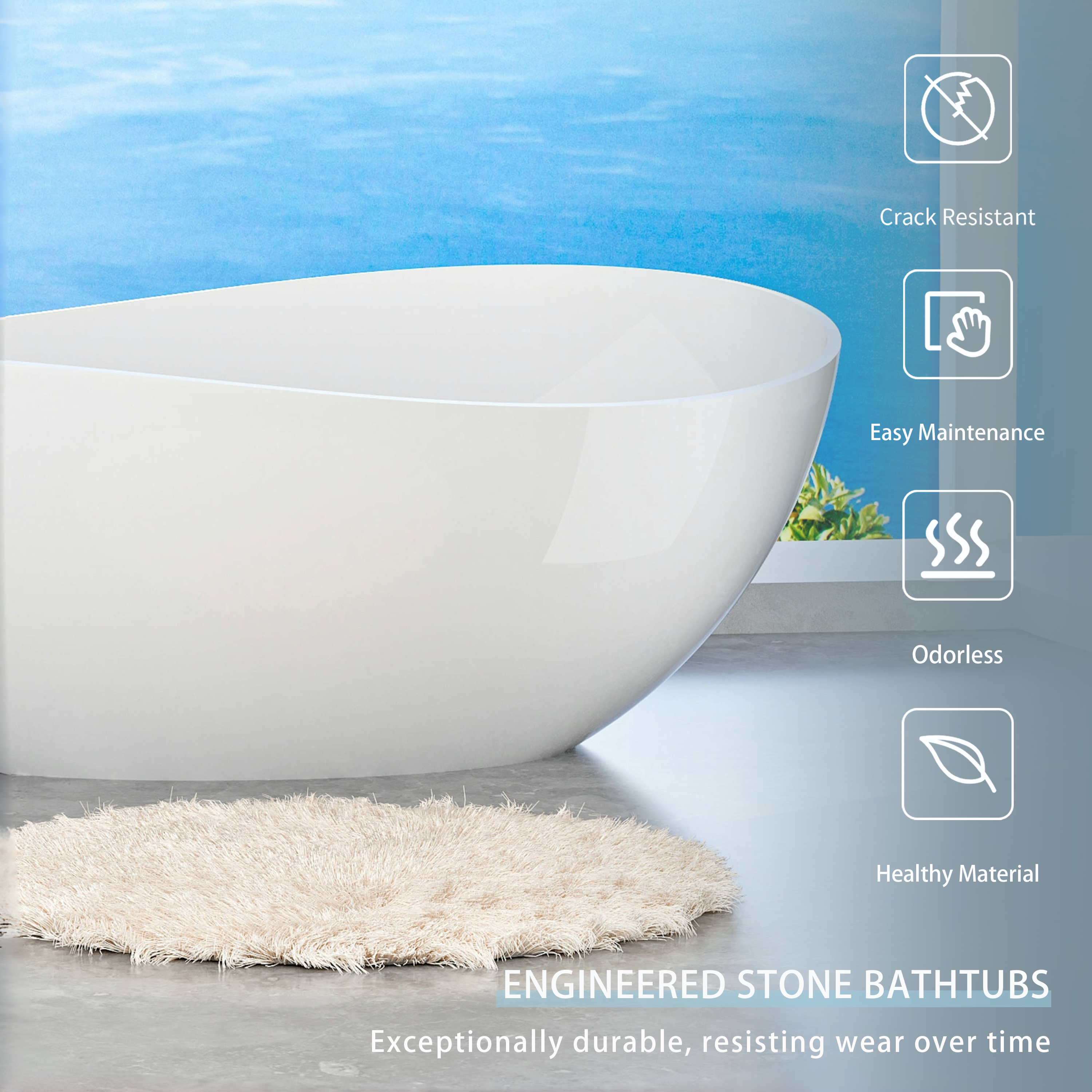 63" Freestanding Solid Surface Bathtub, Luxury Stone Resin Soaking Tub, Overflow & Drain, Glossy White