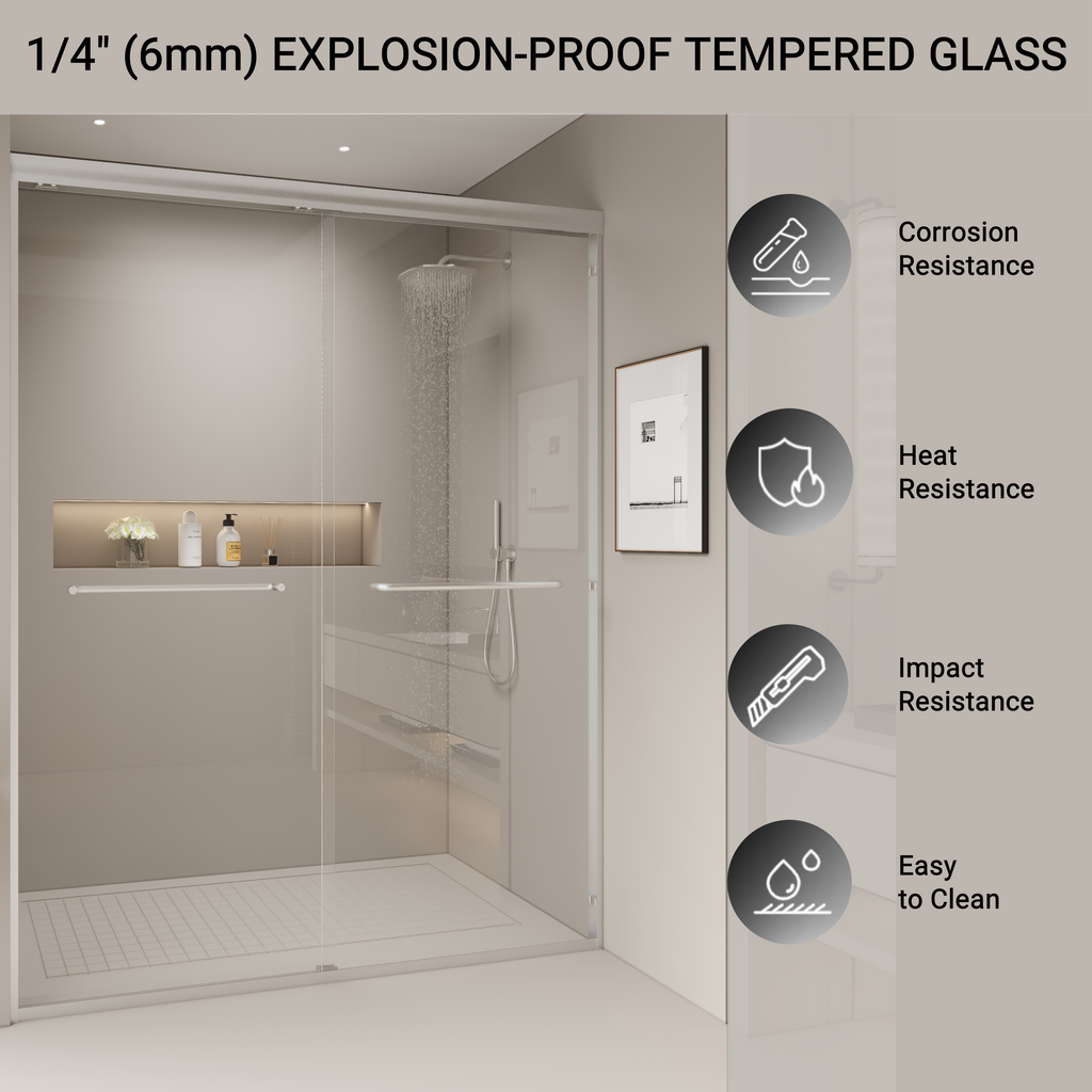 56–60" W x 72" H Semi-Frameless Double Sliding Shower Door, 1/4" Tempered Glass, Brushed Nickel