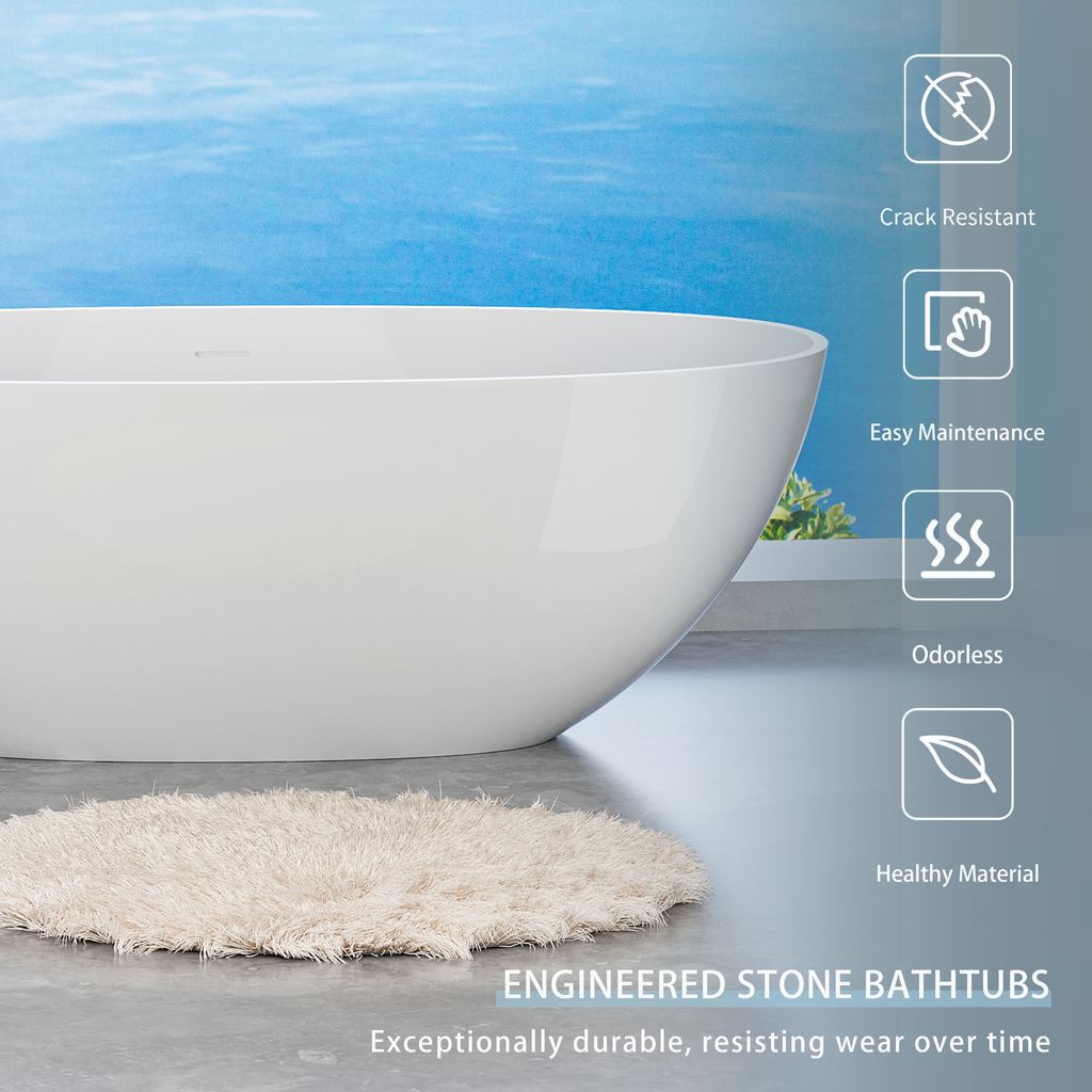 65" Freestanding Solid Surface Bathtub, Luxury Stone Resin Soaking Tub, Overflow & Drain, Glossy White