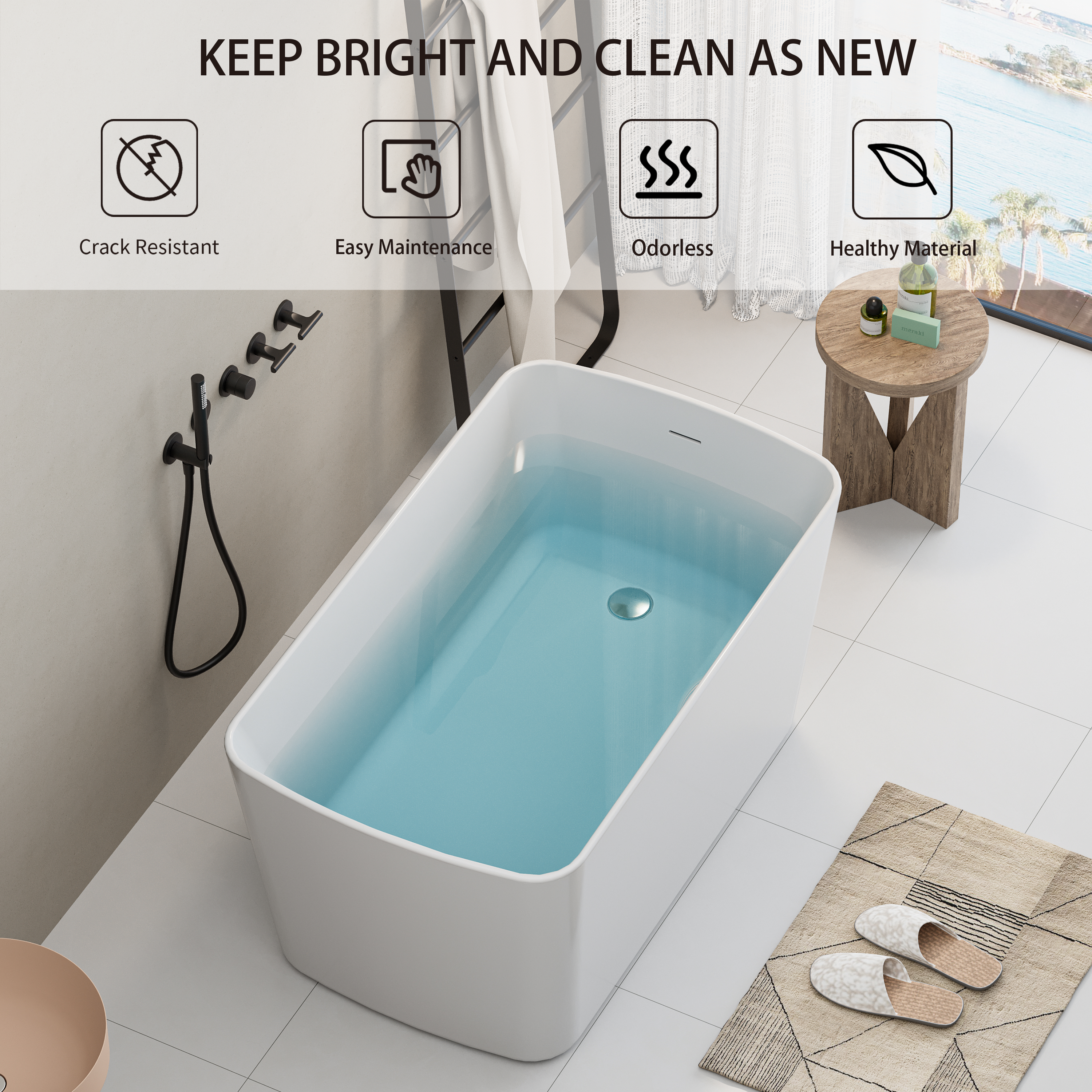 49" Acrylic Freestanding Japanese Soaking Tub, Square Sit-In Design, Chrome Overflow & Quick Drain, Glossy White