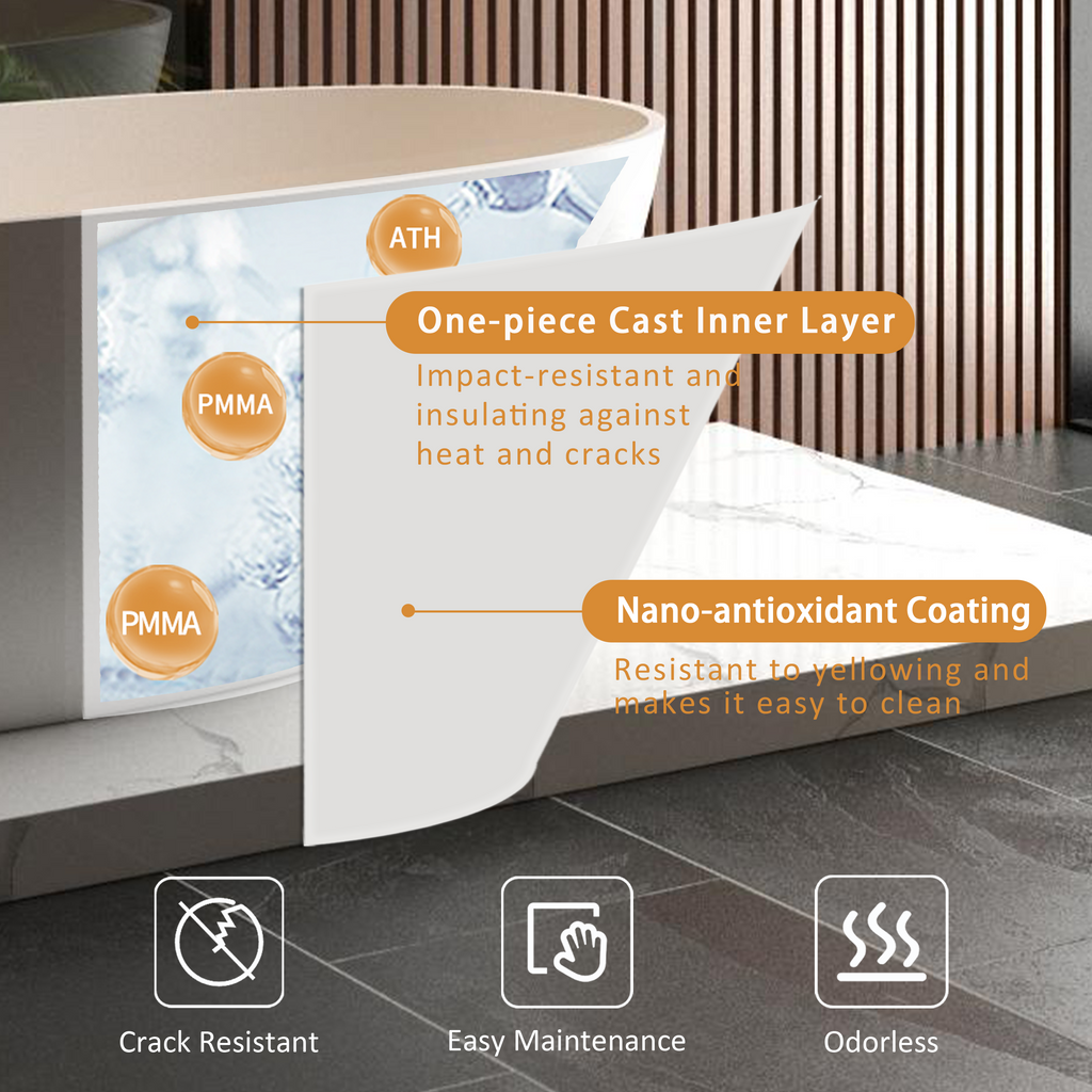 65" Freestanding Solid Surface Bathtub, Luxury Stone Resin Soaking Tub, Overflow & Drain, Matte White