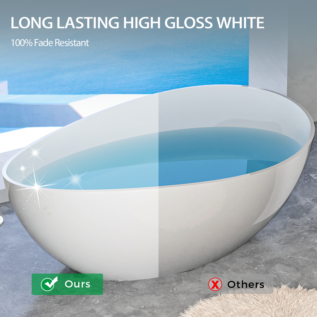 63" Freestanding Solid Surface Bathtub, Luxury Stone Resin Soaking Tub, Overflow & Drain, Glossy White