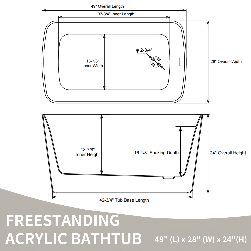 49" Acrylic Freestanding Japanese Soaking Tub, Square Sit-In Design, Chrome Overflow & Quick Drain, Glossy White
