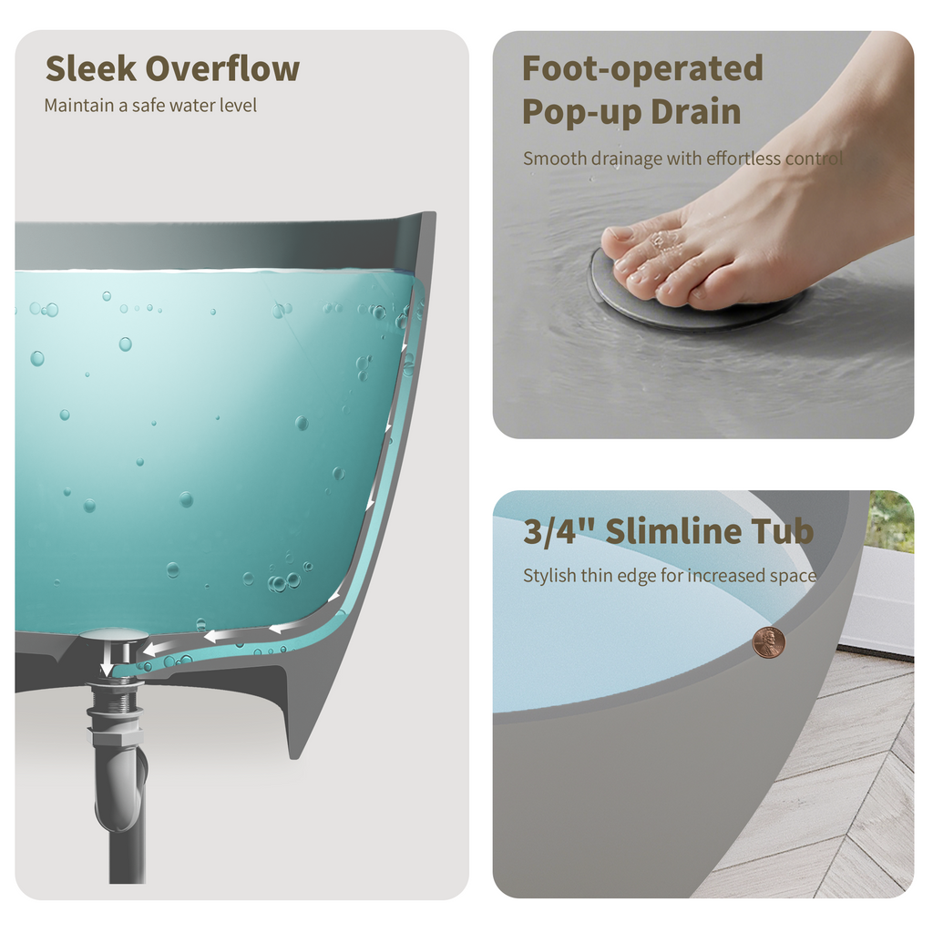 63" Freestanding Solid Surface Bathtub, Luxury Stone Resin Soaking Tub, Overflow & Drain, Matte Grey