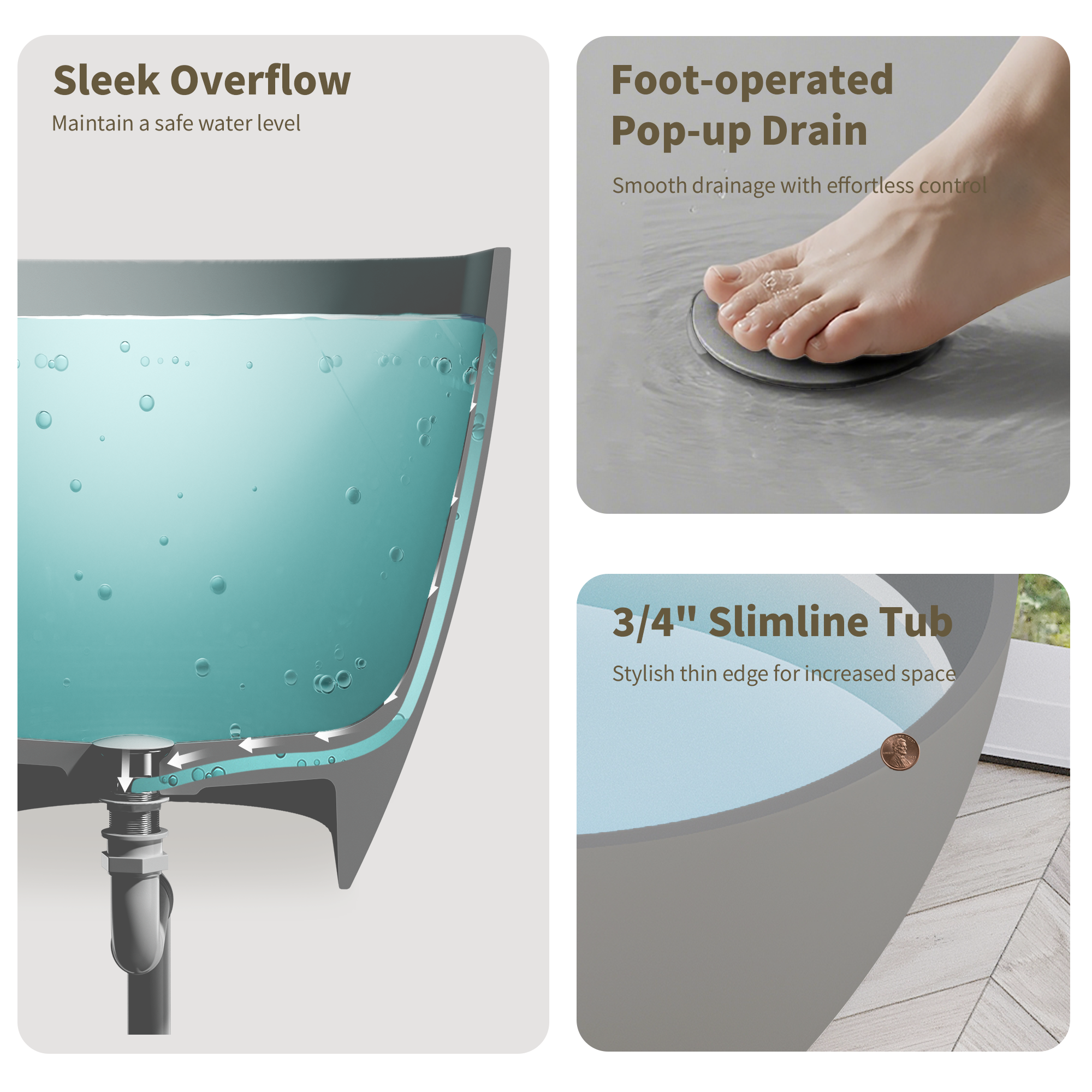 63" Freestanding Solid Surface Bathtub, Luxury Stone Resin Soaking Tub, Overflow & Drain, Matte Grey