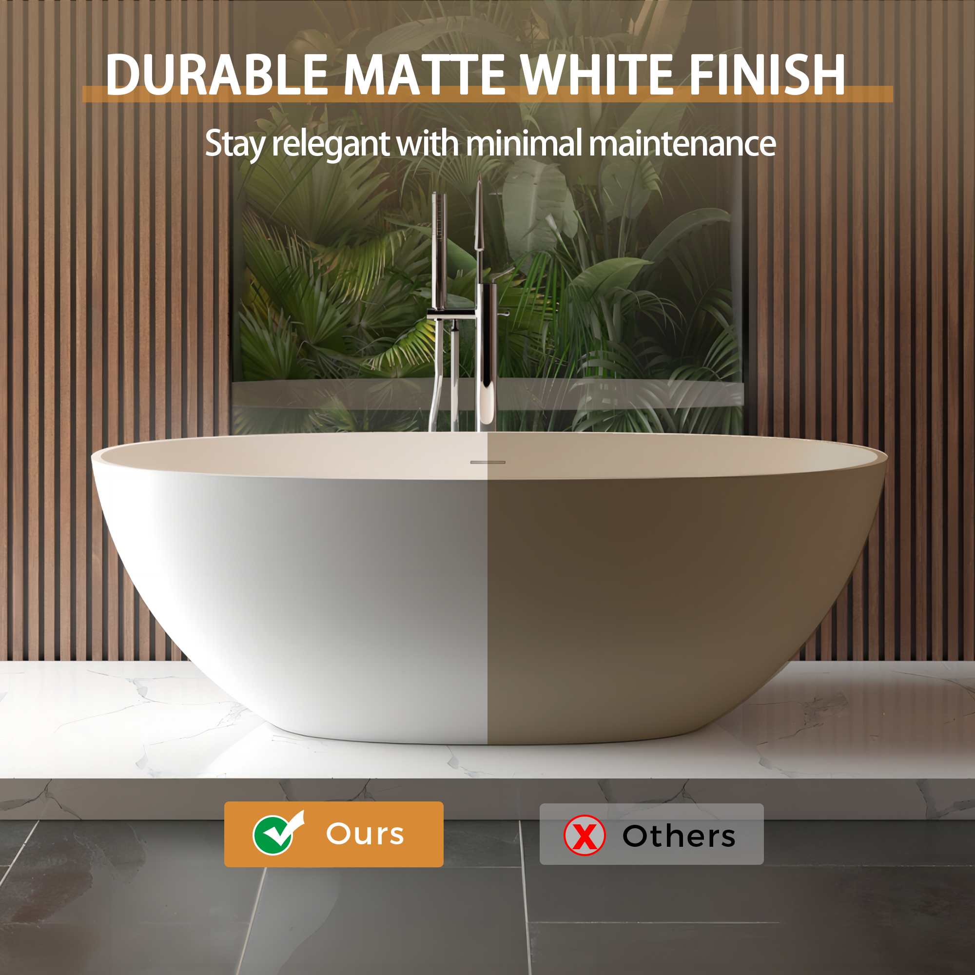 65" Freestanding Solid Surface Bathtub, Luxury Stone Resin Soaking Tub, Overflow & Drain, Matte White