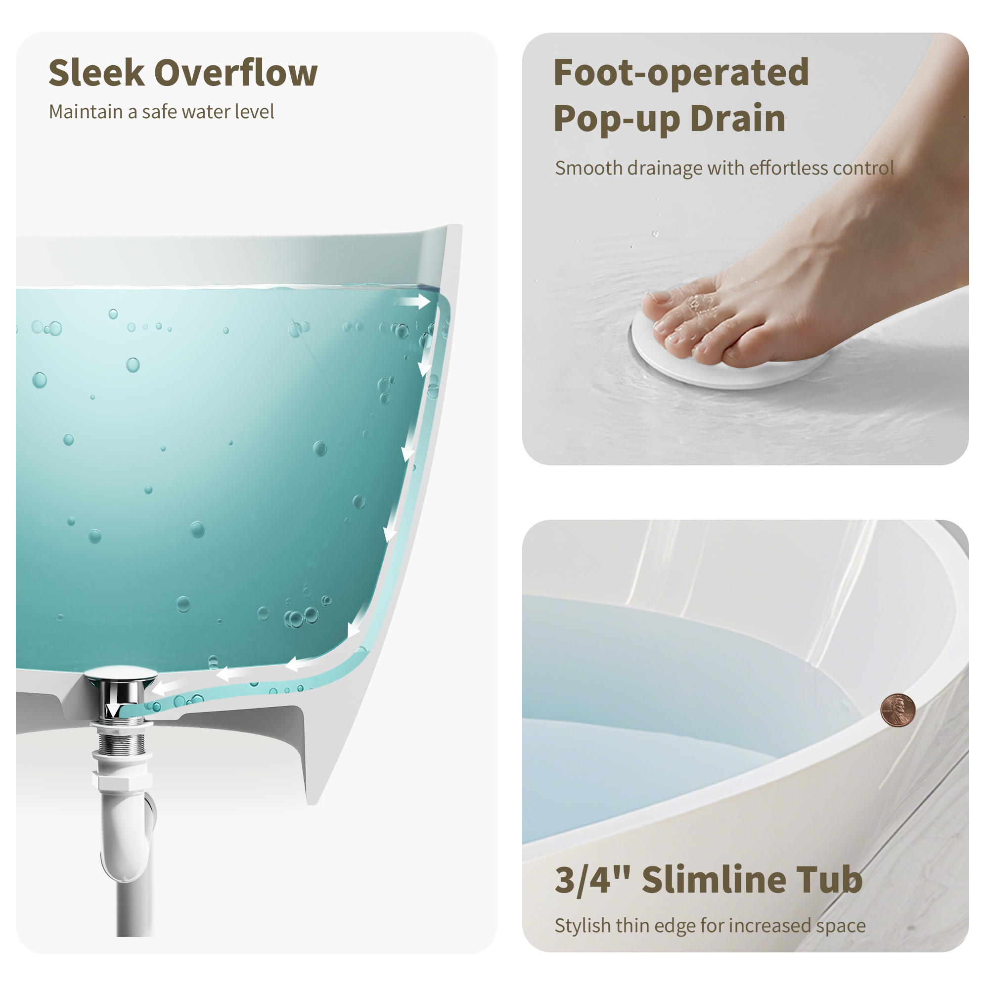 59" Freestanding Solid Surface Bathtub, Glossy White Man-Made Stone Resin Soaking Tub, Overflow & Drain