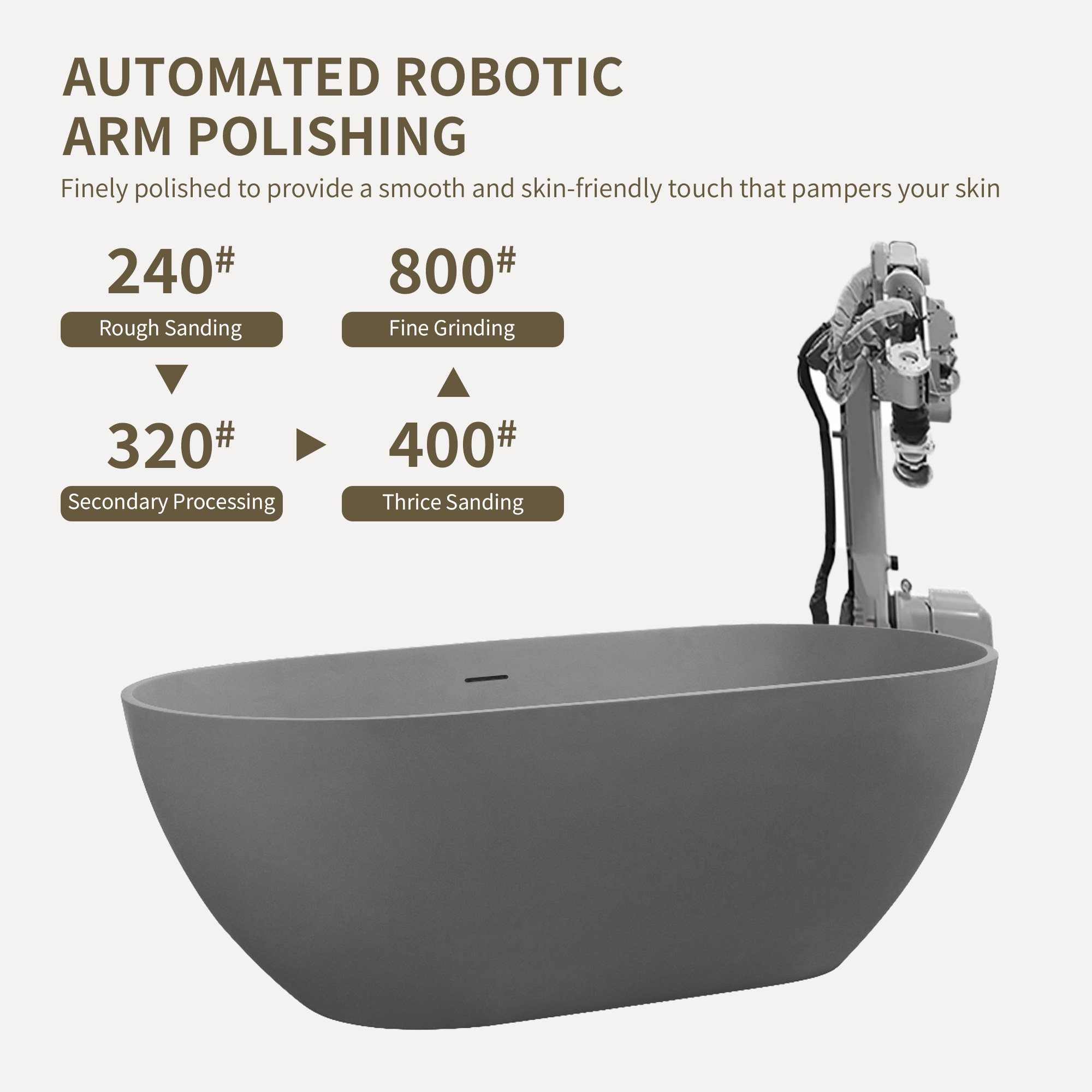 63" Freestanding Solid Surface Bathtub, Luxury Stone Resin Soaking Tub, Overflow & Drain, Matte Grey