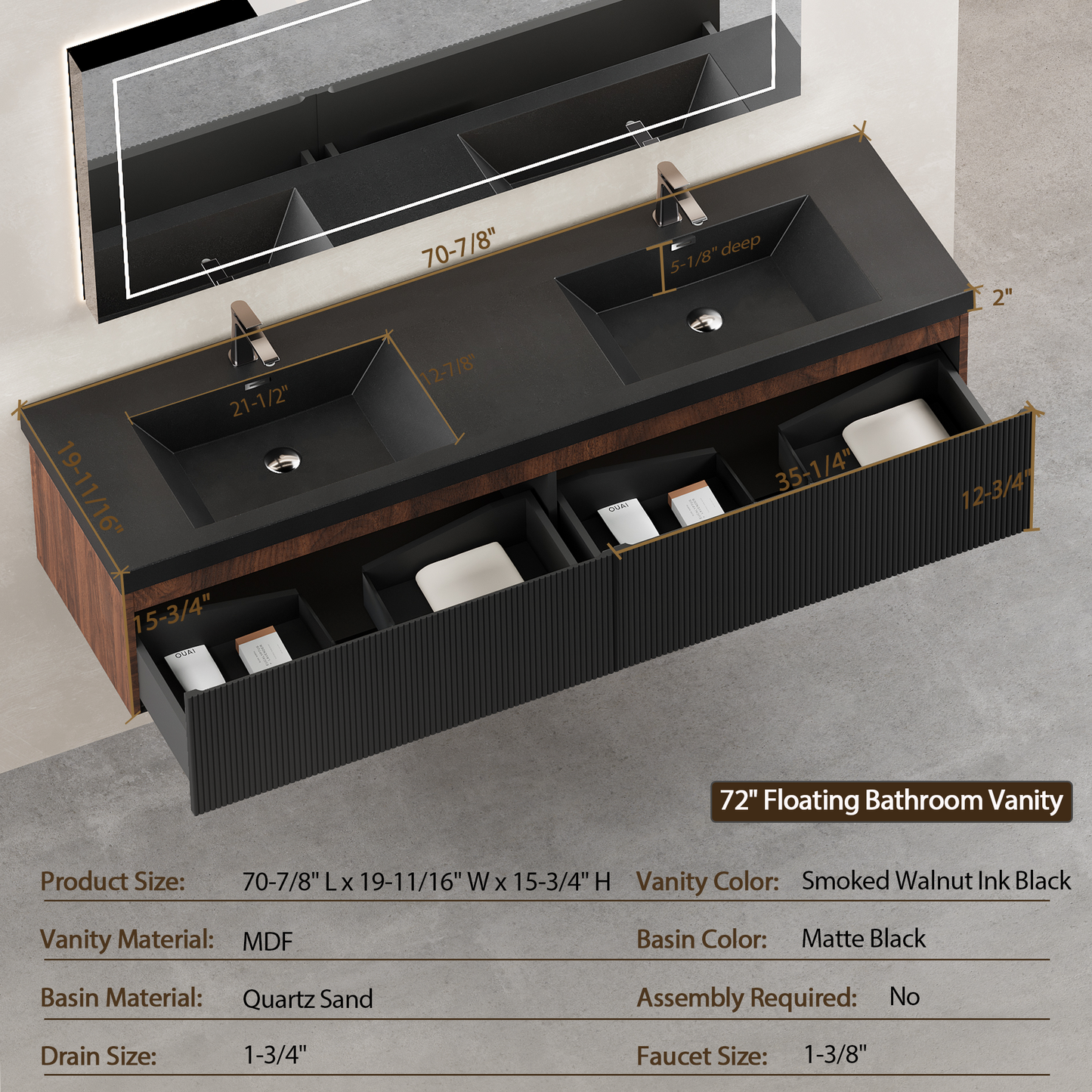 72" Liner - Floating Bathroom Vanity Integrated Double Basin Smoked Walnut & lnk Black