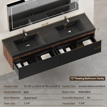 72" Liner - Floating Bathroom Vanity Integrated Double Basin Smoked Walnut & lnk Black