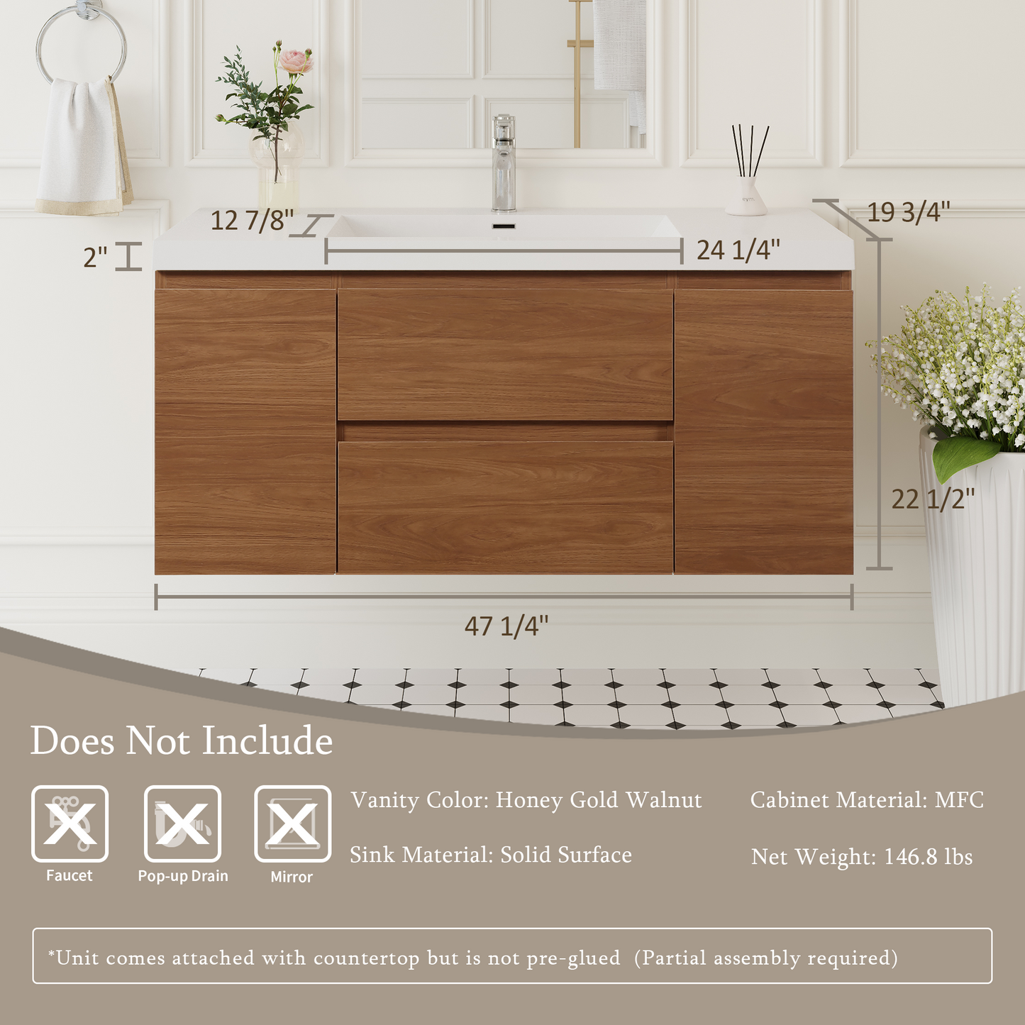 48" Angela - Floating Bathroom Vanity Honey Gold Walnut