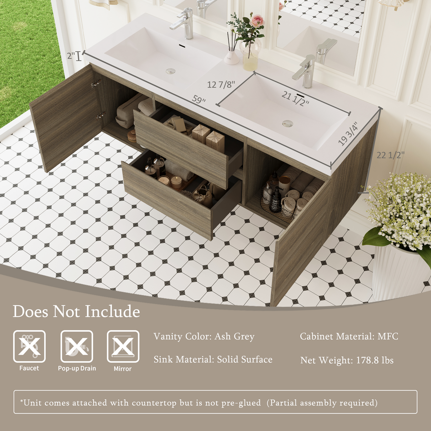 60" Angela - Floating Bathroom Vanity Double Sink Ash Grey
