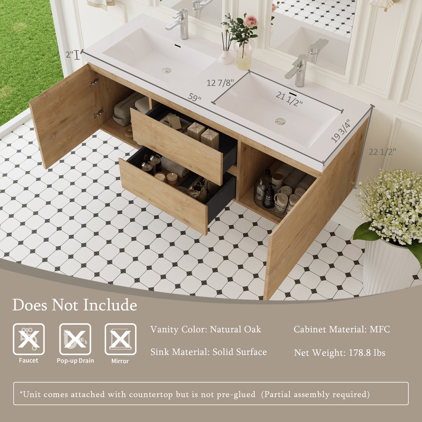 60" Angela - Floating Bathroom Vanity Double Sink Natural Oak