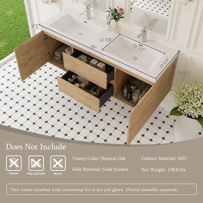 60" Angela - Floating Bathroom Vanity Double Sink Natural Oak V11-60DNO