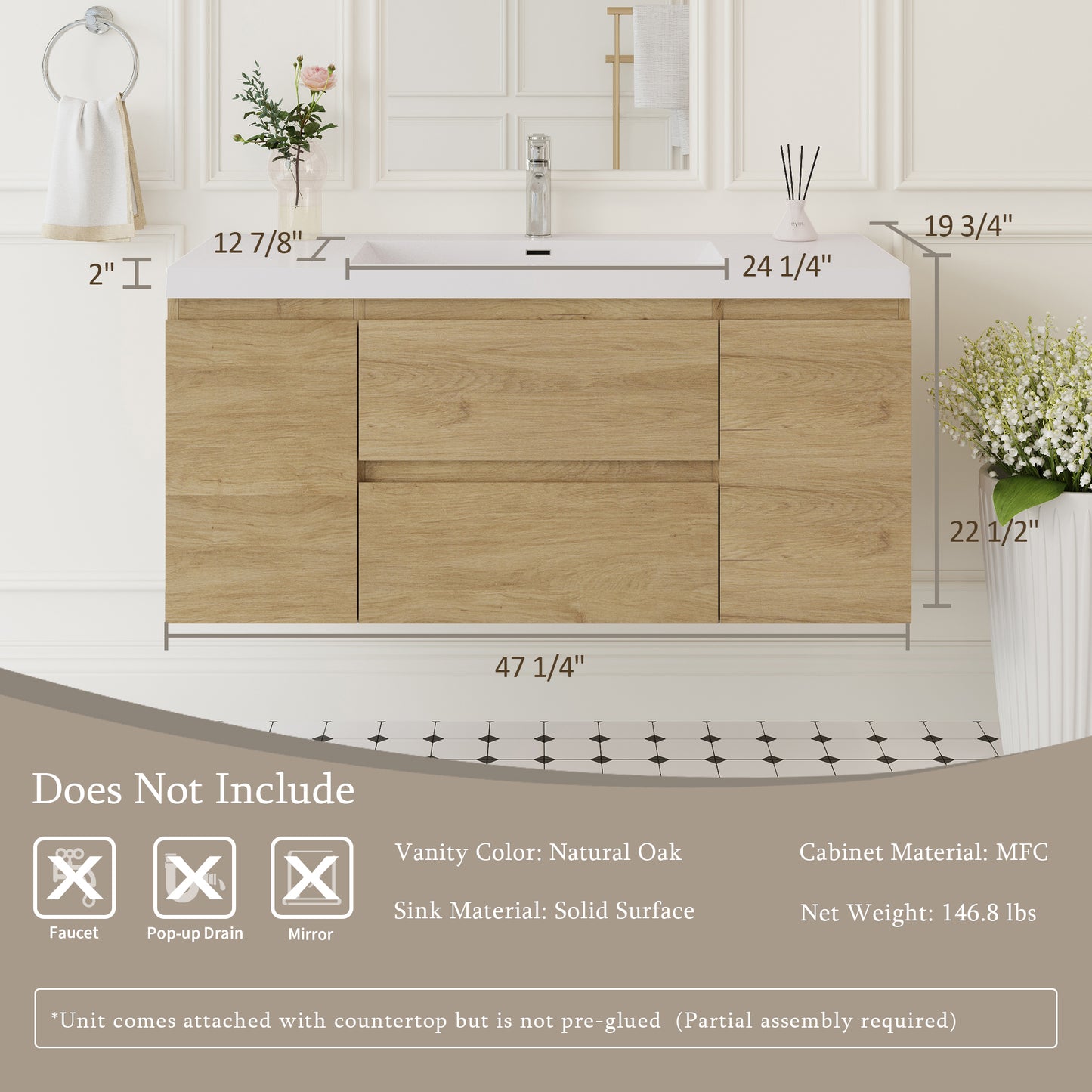 48" Angela - Floating Bathroom Vanity Natural Oak