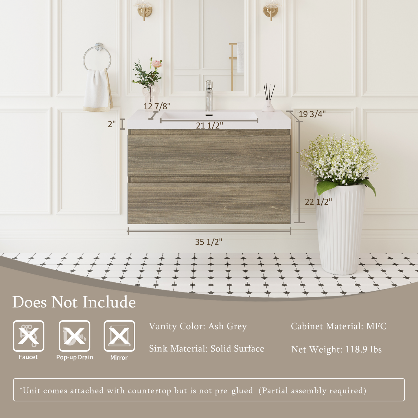 36" Angela - Floating Bathroom Vanity Ash Grey