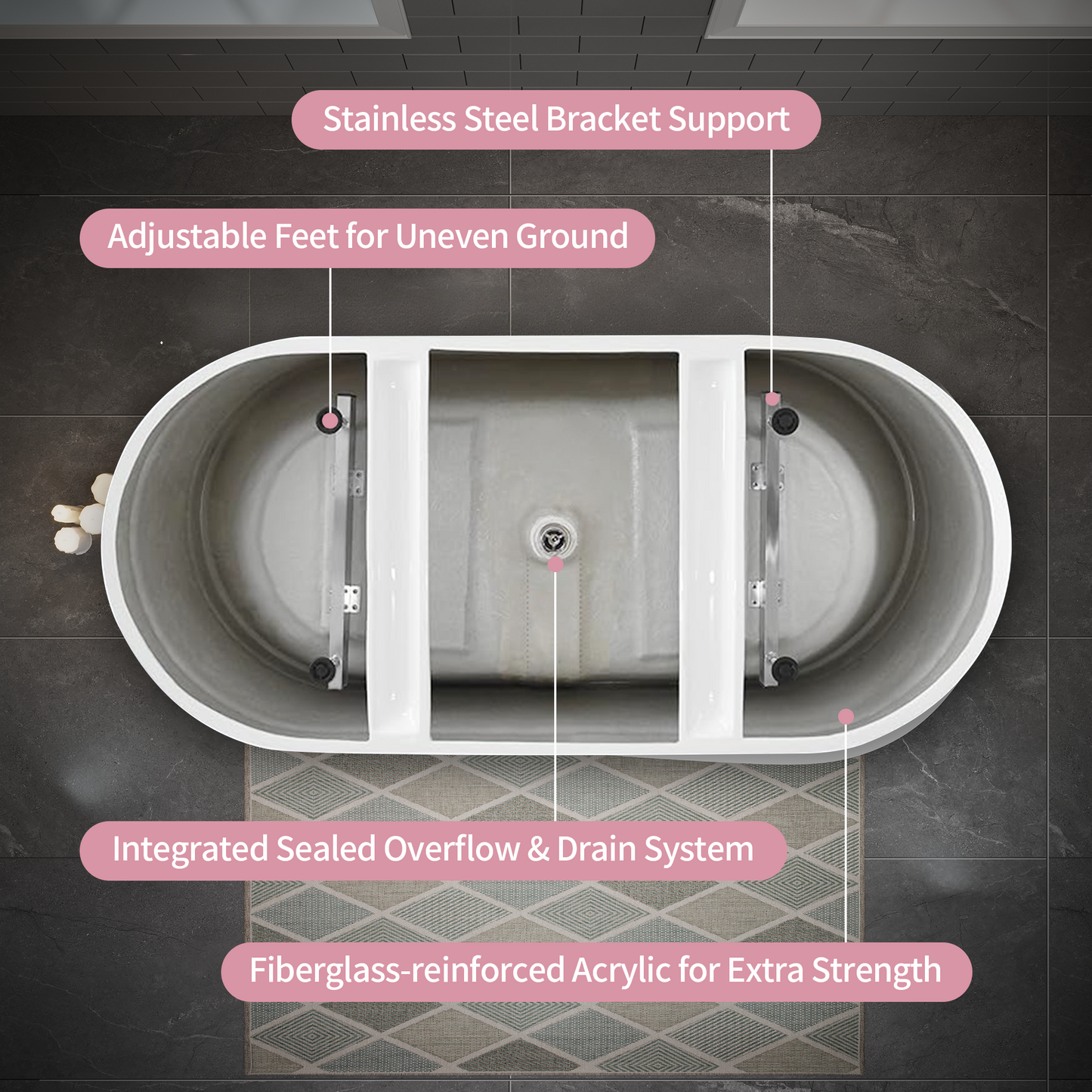 55"/60"/63" Modern Single Slipper Freestanding Acrylic Bathtub, Glossy White A04