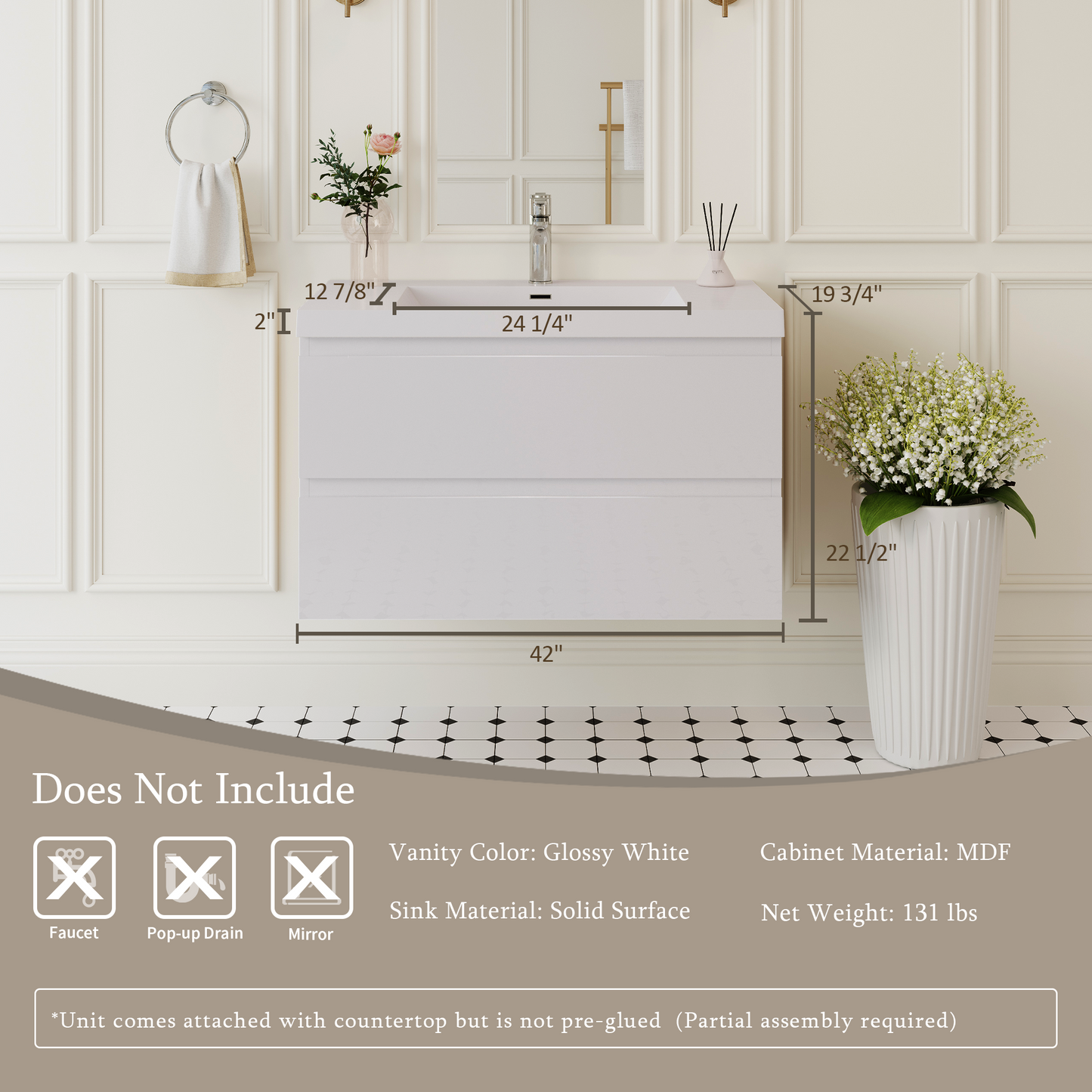42" Angela - Floating Bathroom Vanity Glossy White