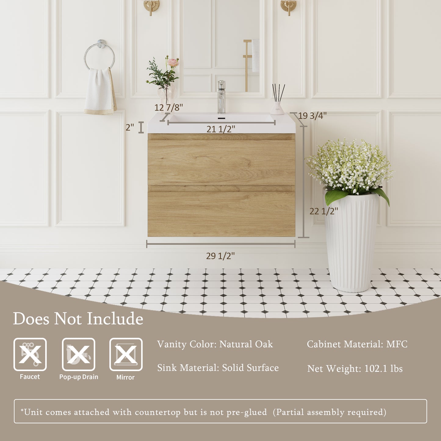 30" Angela - Floating Bathroom Vanity Natural Oak