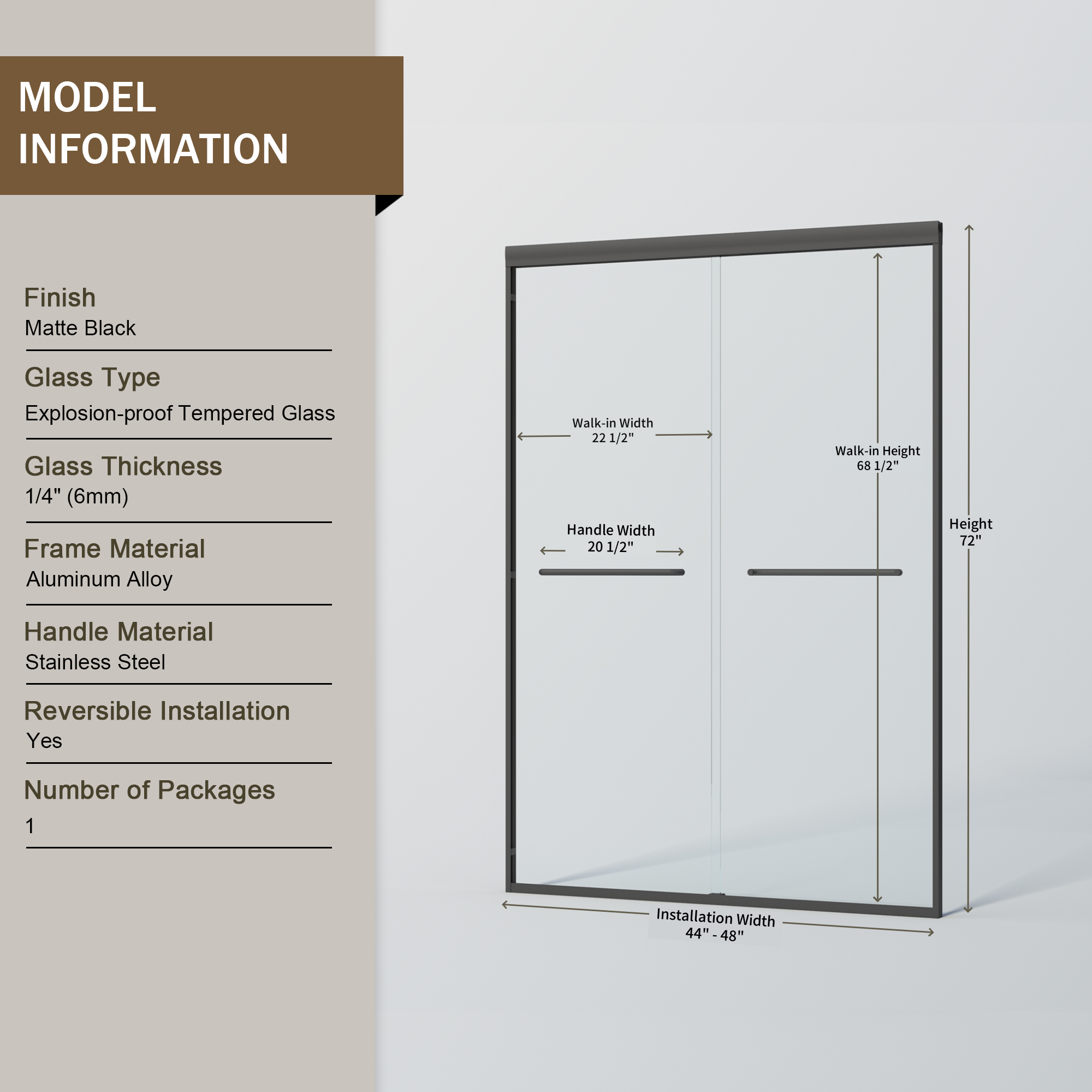 44–48" W x 72" H Double Sliding Shower Door, Semi-Frameless Bypass, 1/4" Tempered Glass, Matte Black