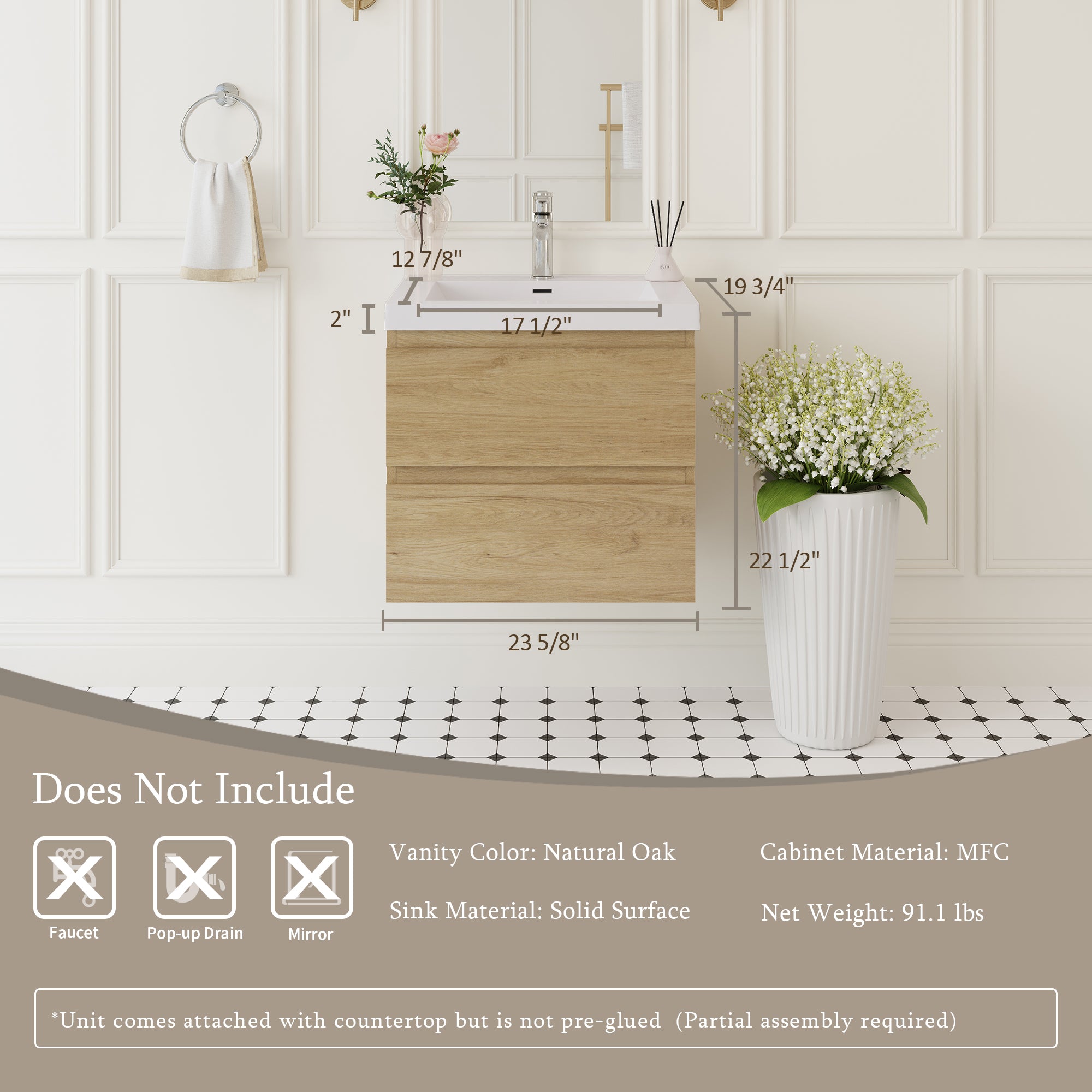 24" Angela - Floating Bathroom Vanity Natural Oak