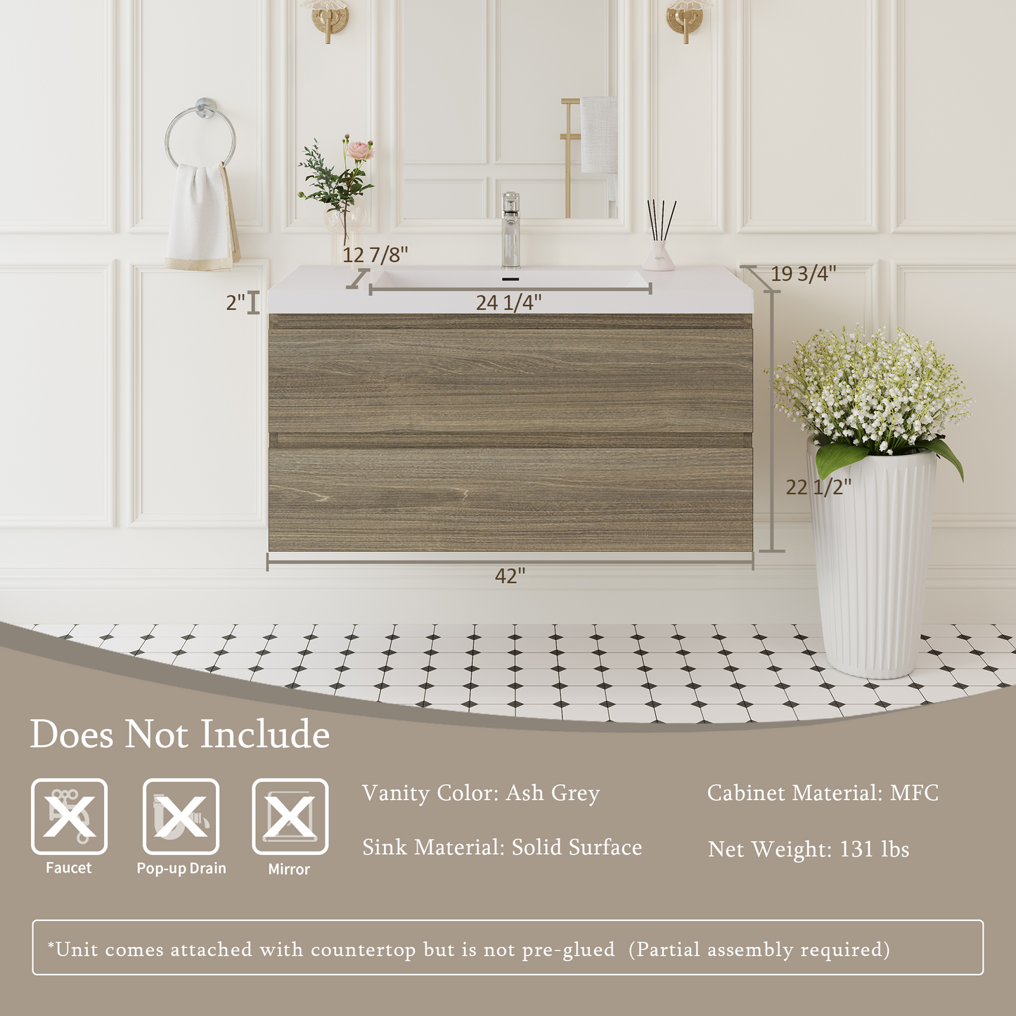 42" Angela - Floating Bathroom Vanity Ash Grey