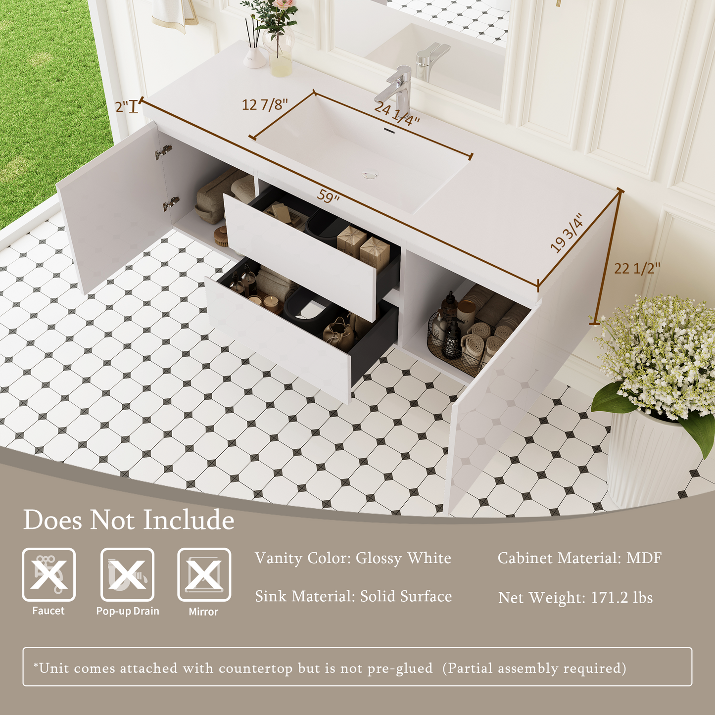 60" Angela - Floating Bathroom Vanity Single Sink Glossy White