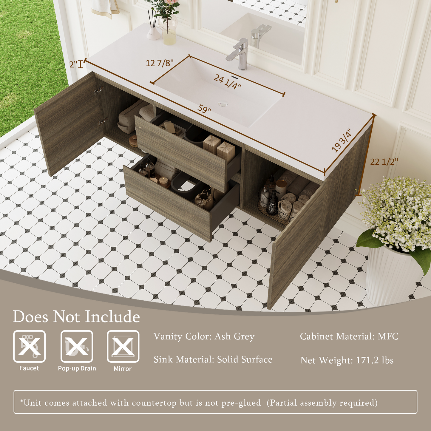 60" Angela - Floating Bathroom Vanity Single Sink Ash Grey