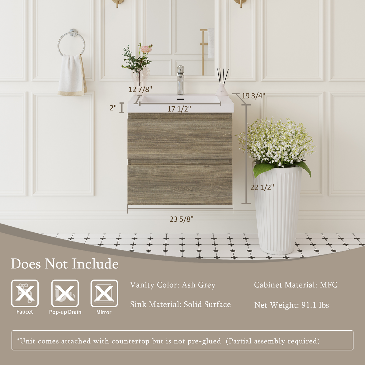 24" Angela - Floating Bathroom Vanity Ash Grey