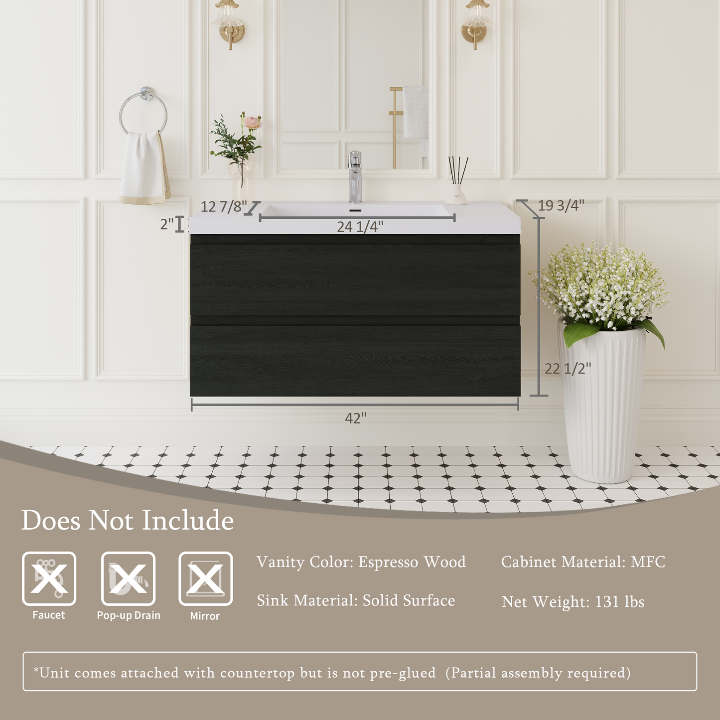 42" Angela - Floating Bathroom Vanity Espresso Wood