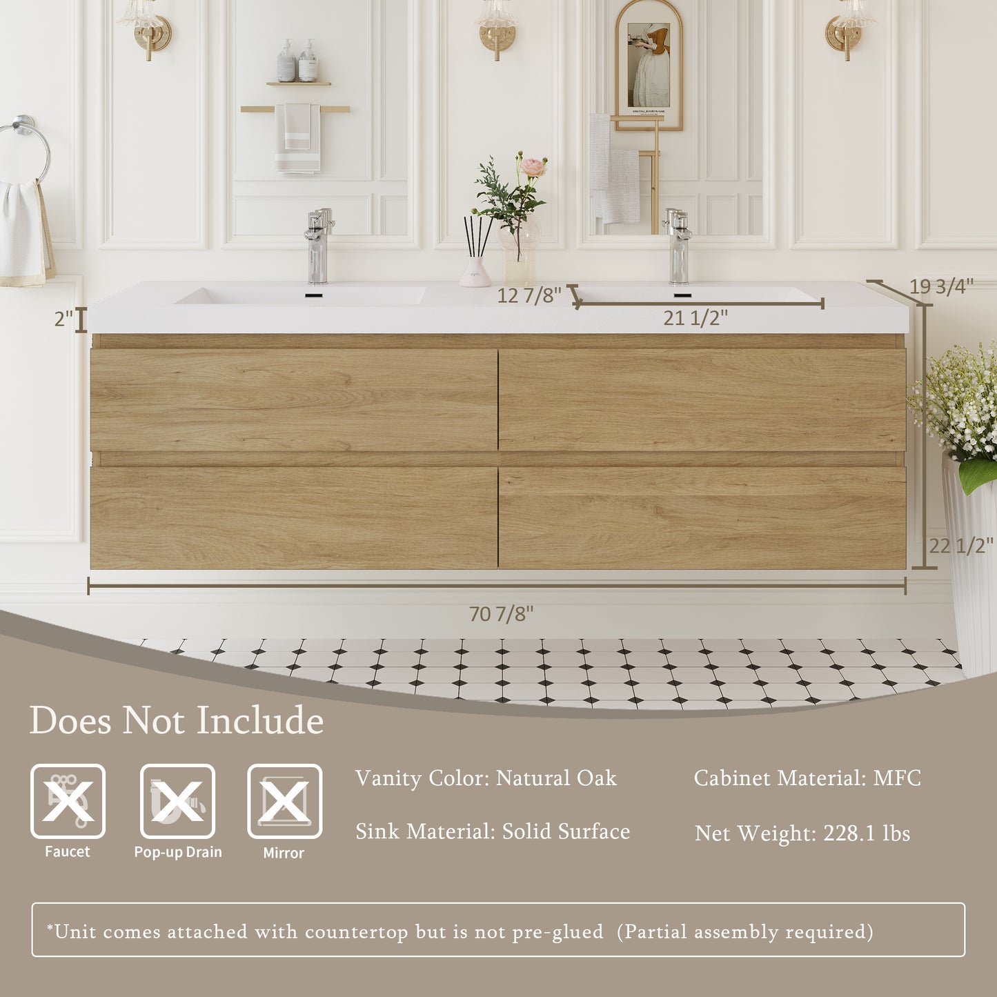 72" Angela - Floating Bathroom Vanity Double Sink Natural Oak